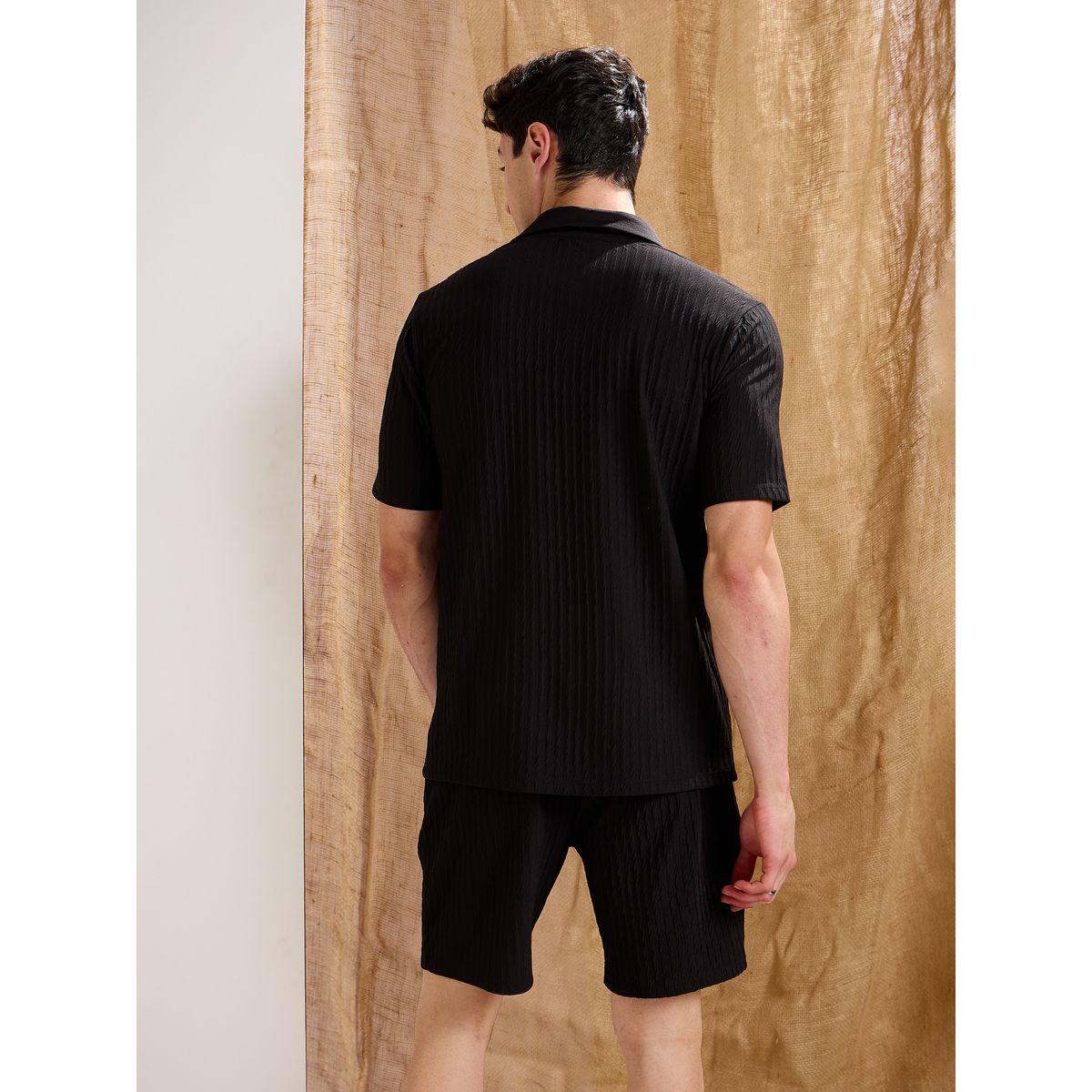 Mascln Sassafras Men Black Textured Relaxed Fit Shorts with Drawstring Waist-men-clothing-bottoms-shorts-image-5