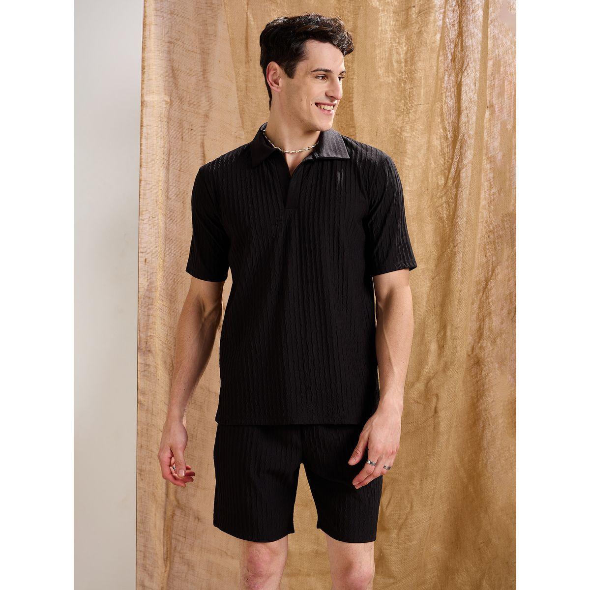 Mascln Sassafras Men Black Textured Relaxed Fit Shorts with Drawstring Waist-men-clothing-bottoms-shorts-image-6