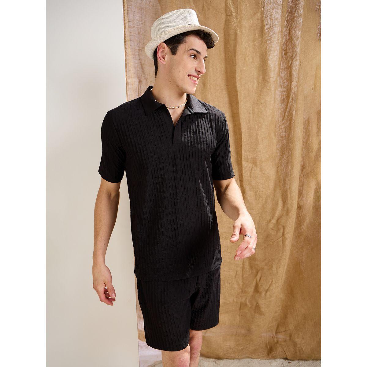 Mascln Sassafras Men Black Textured Relaxed Fit Shorts with Drawstring Waist-men-clothing-bottoms-shorts-image-7