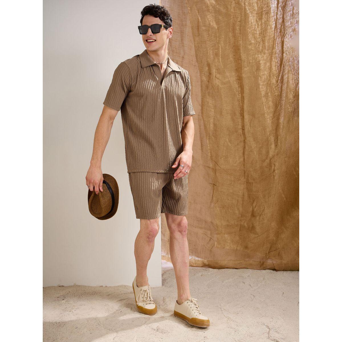 Mascln Sassafras Men Beige Textured Relaxed Fit Shorts with Drawstring Waist-men-clothing-bottoms-shorts-image-2