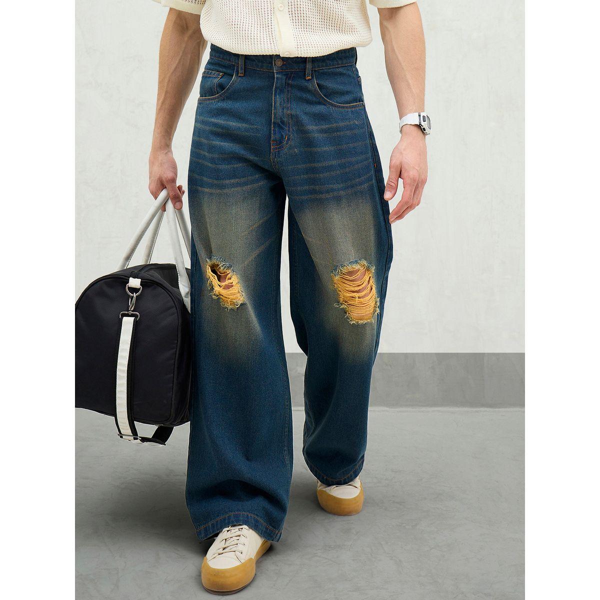 Mascln Sassafras Men Blue Washed Distressed Knee Wide Leg Jeans-men-clothing-bottoms-jeans-image-1