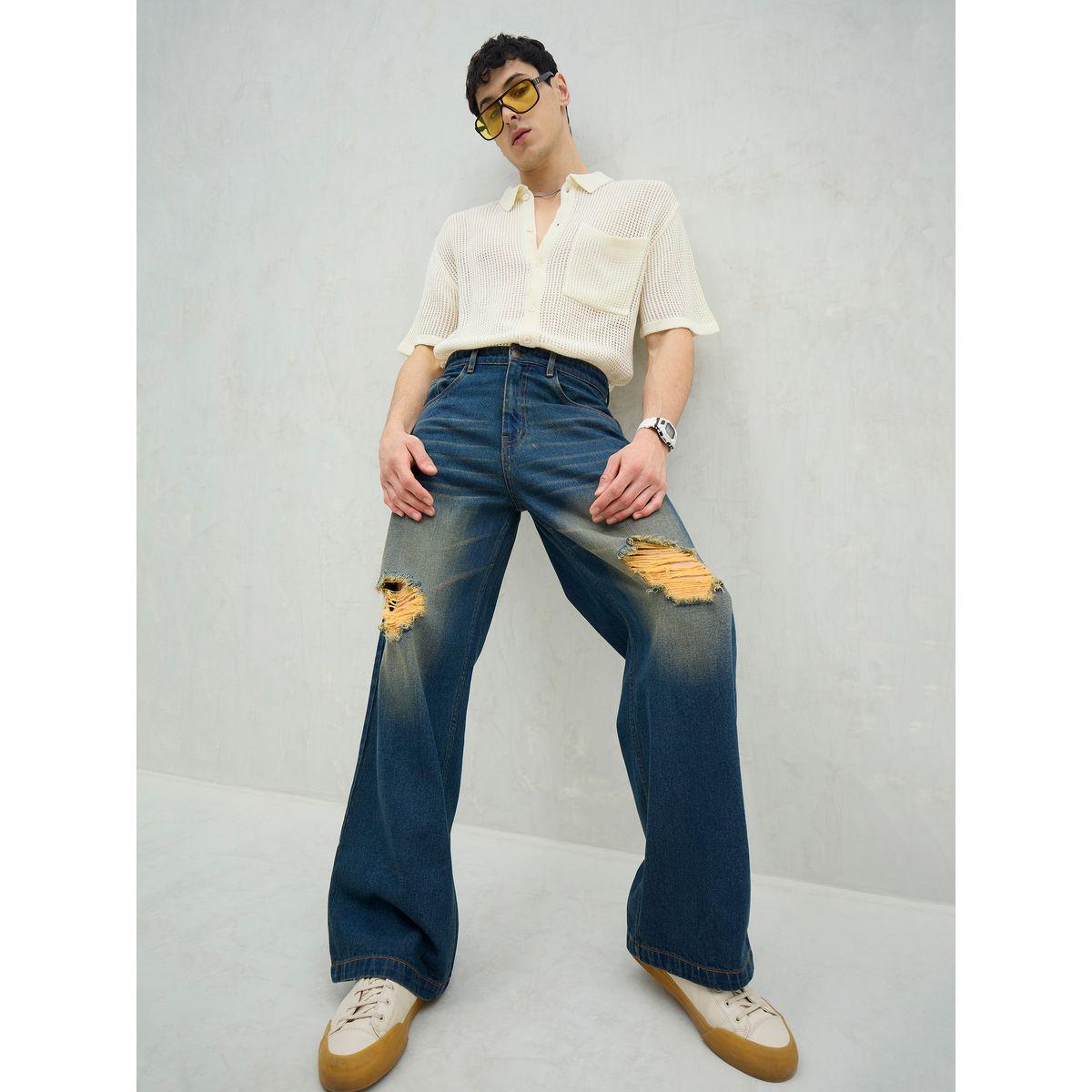 Mascln Sassafras Men Blue Washed Distressed Knee Wide Leg Jeans-men-clothing-bottoms-jeans-image-2