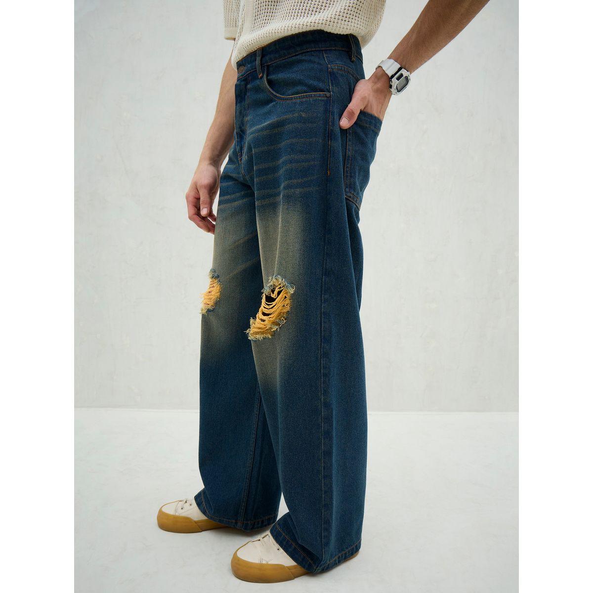 Mascln Sassafras Men Blue Washed Distressed Knee Wide Leg Jeans-men-clothing-bottoms-jeans-image-3
