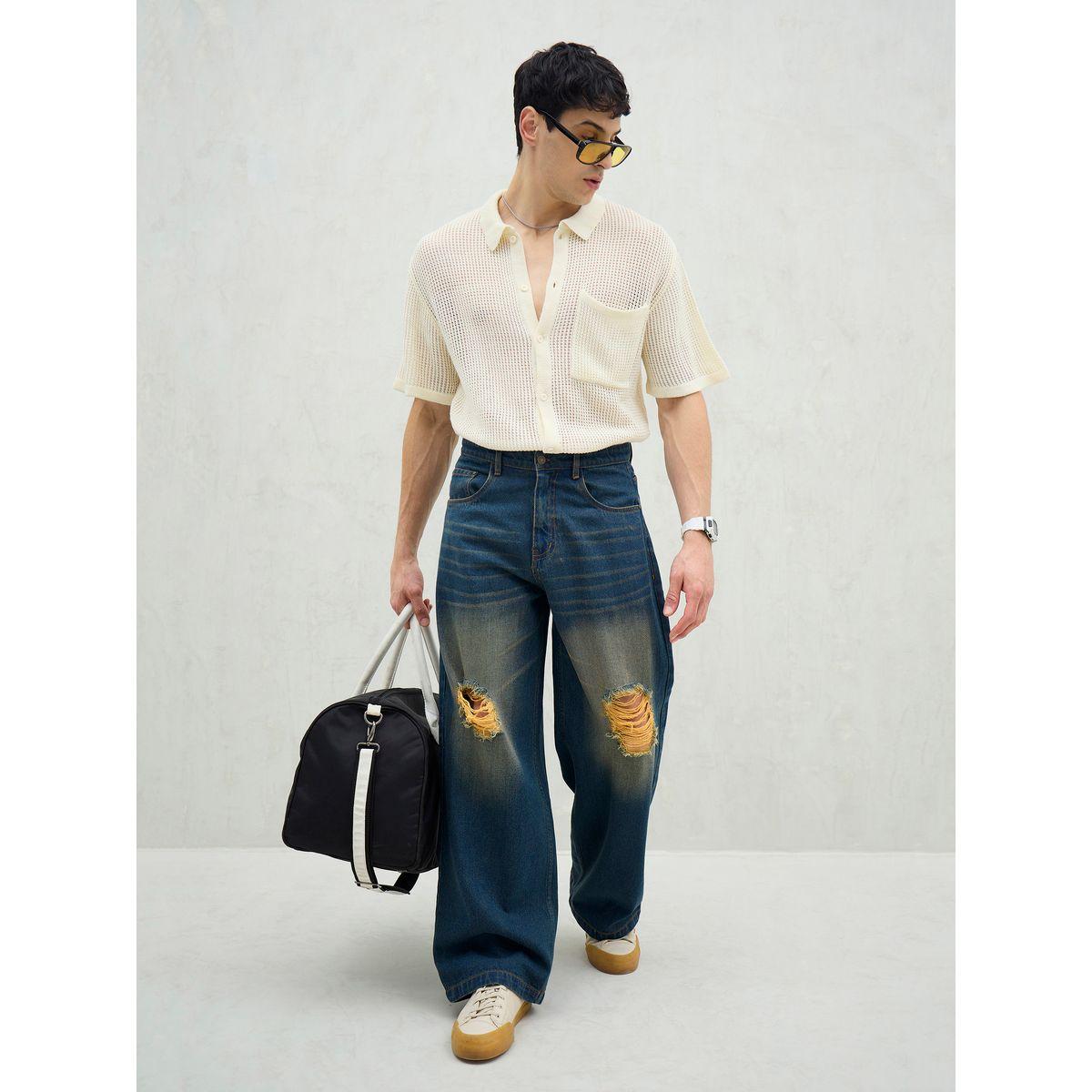 Mascln Sassafras Men Blue Washed Distressed Knee Wide Leg Jeans-men-clothing-bottoms-jeans-image-6