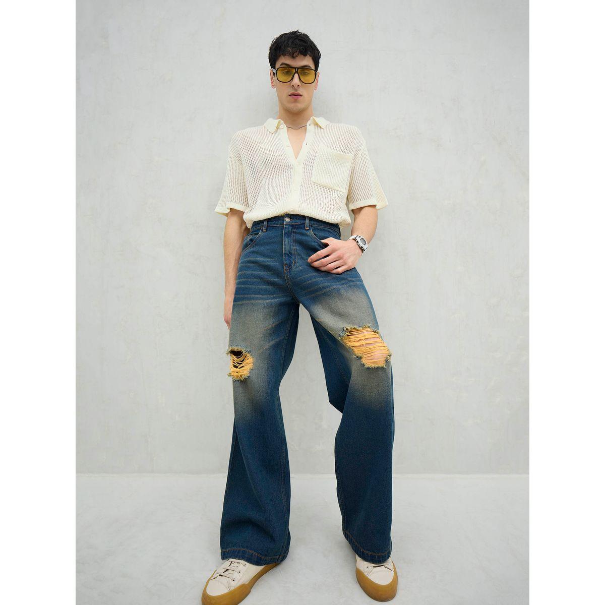 Mascln Sassafras Men Blue Washed Distressed Knee Wide Leg Jeans-men-clothing-bottoms-jeans-image-7