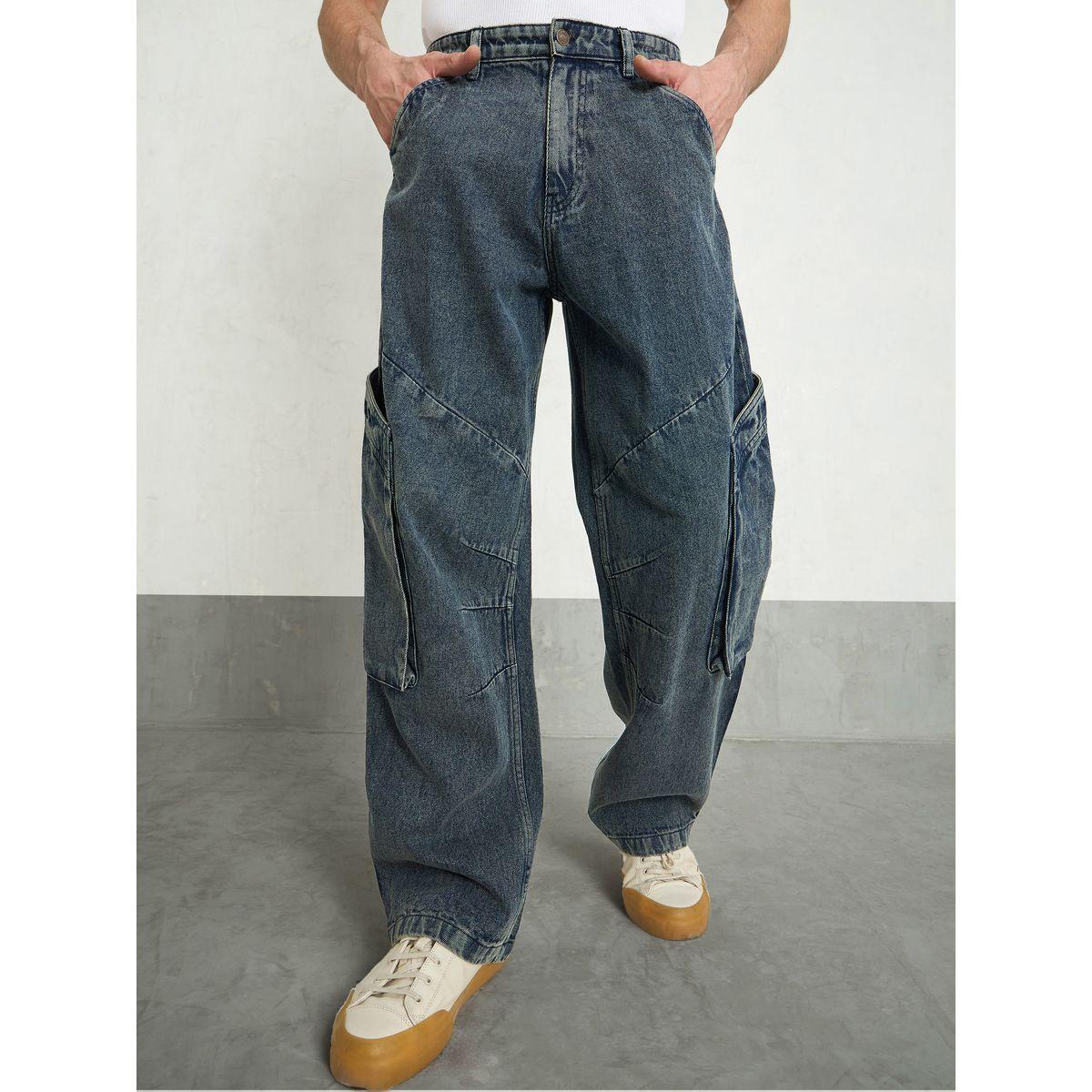 Mascln Sassafras Men Blue Mid Rise Washed Cargo Pocket Detail Wide Leg Jeans-men-clothing-bottoms-jeans-image-1