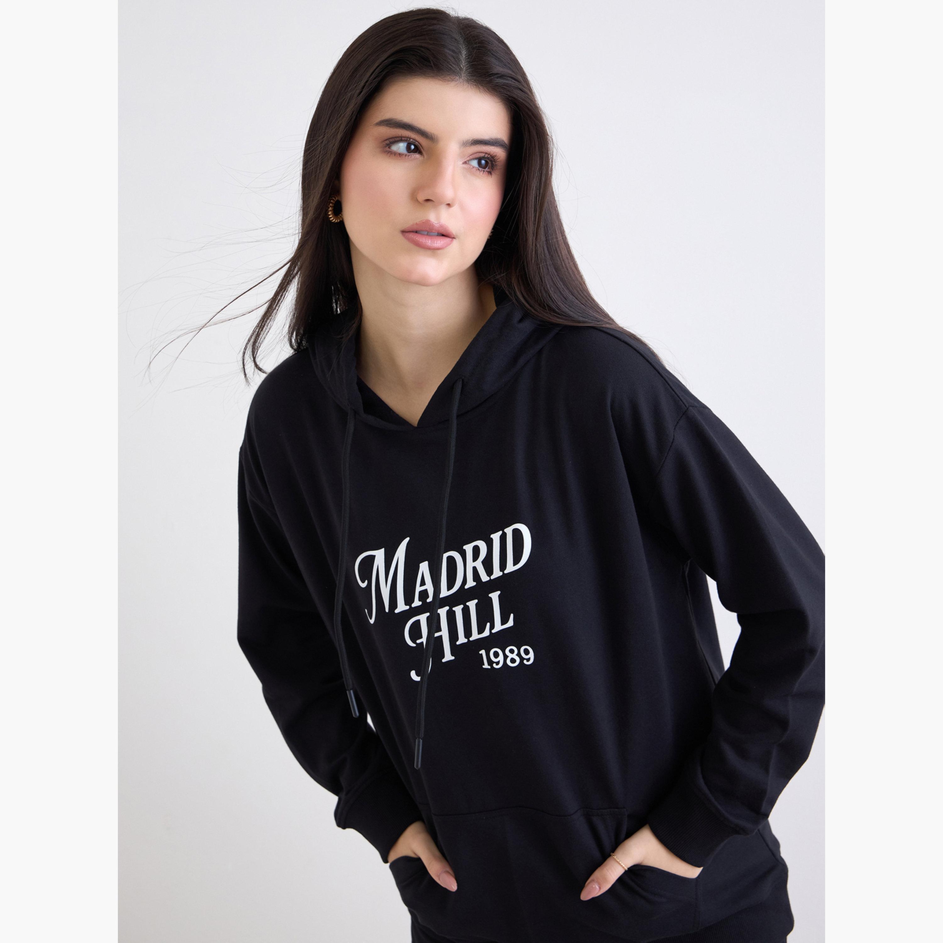 Styli Black Regular Fit Longline Hoodie and Joggers Co-Ords-women-clothing-coordsets-image-3