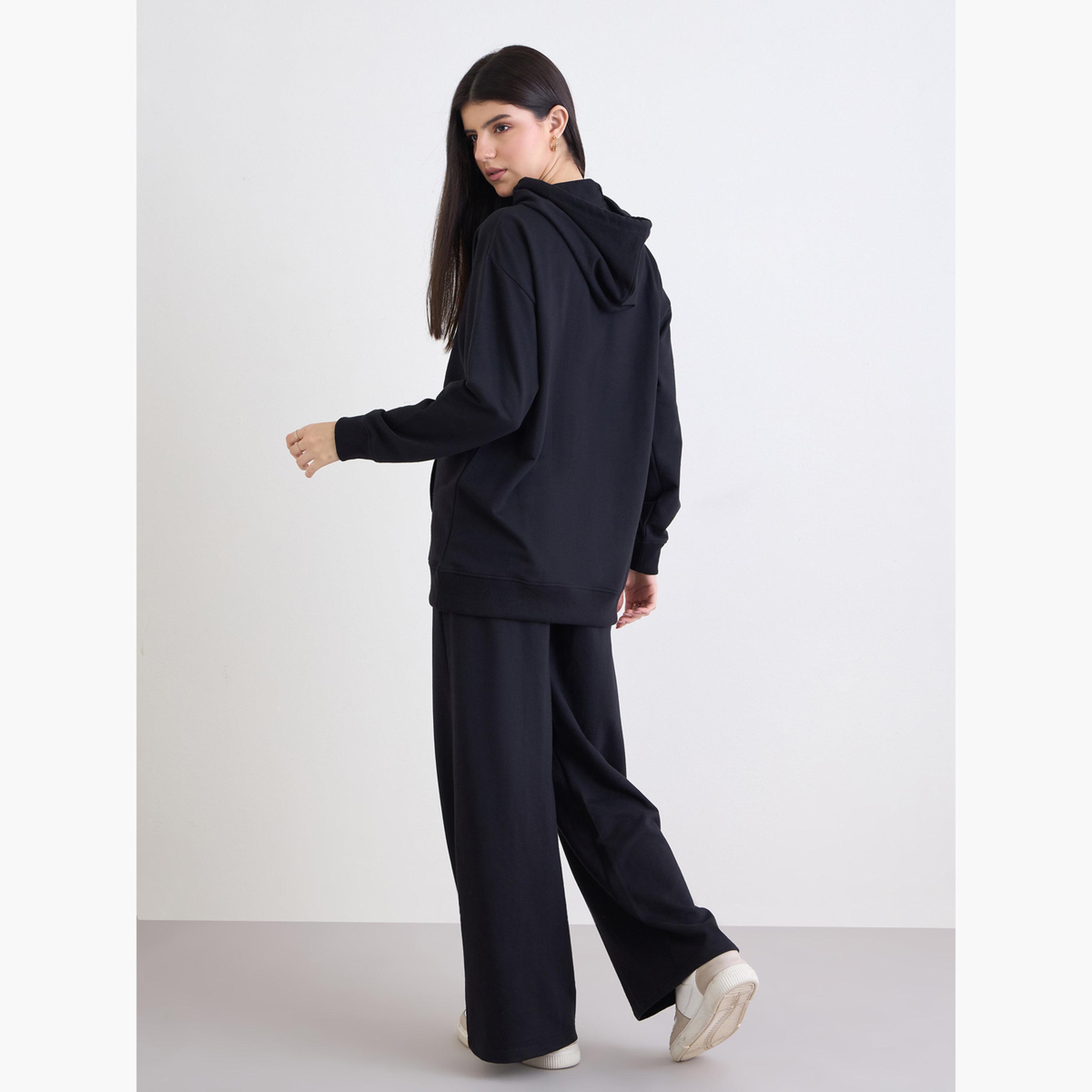 Styli Black Regular Fit Longline Hoodie and Joggers Co-Ords-women-clothing-coordsets-image-4