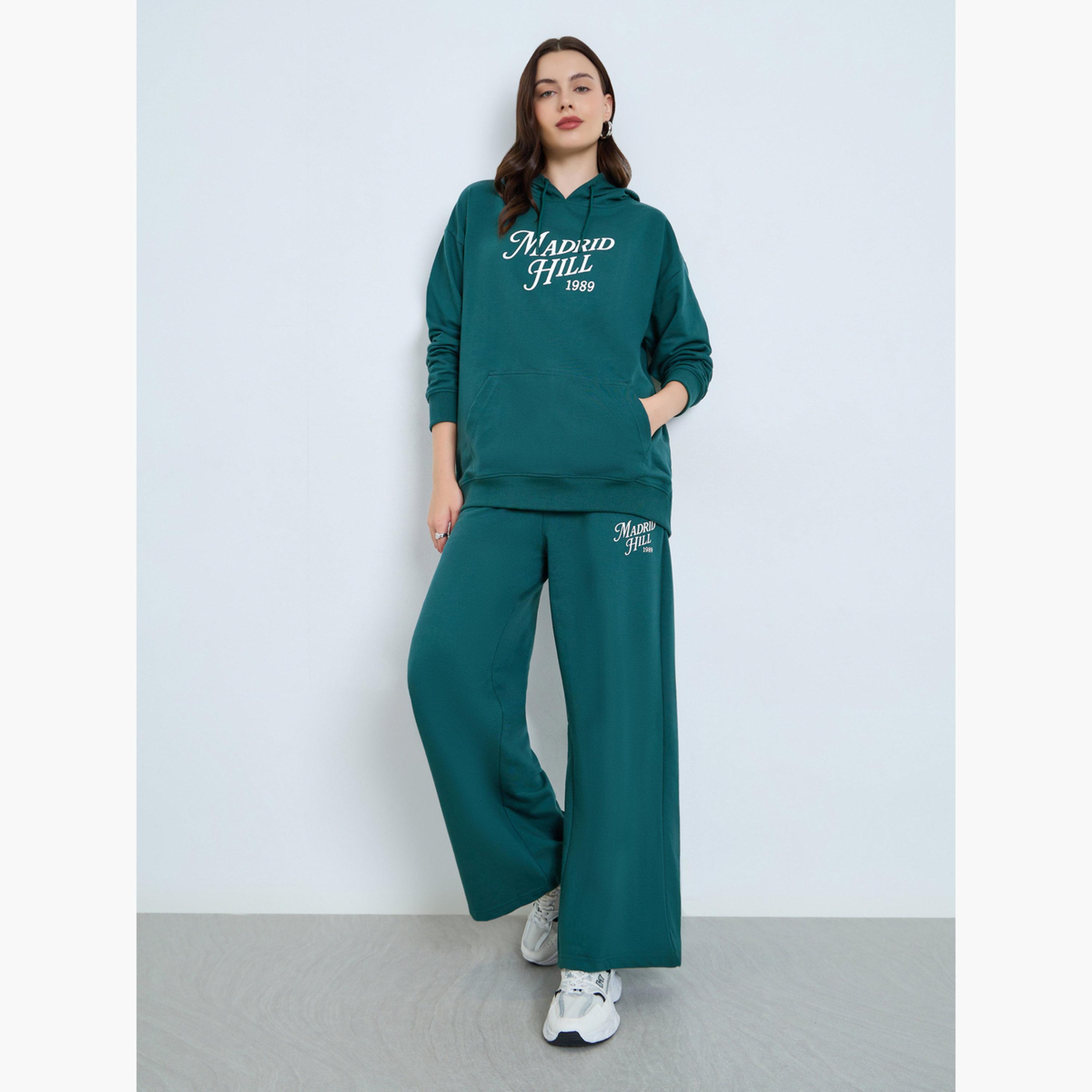 Styli Dark Green Regular Fit Longline Hoodie and Joggers Co-Ords-women-clothing-coordsets-image-1