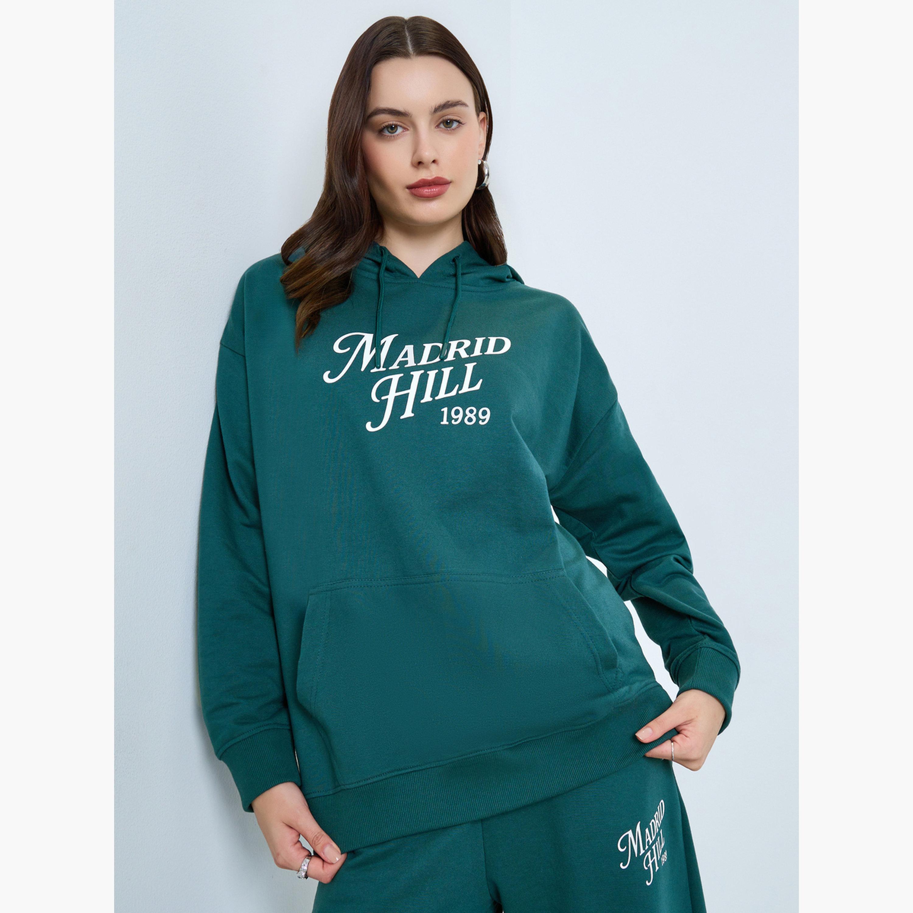 Styli Dark Green Regular Fit Longline Hoodie and Joggers Co-Ords-women-clothing-coordsets-image-3