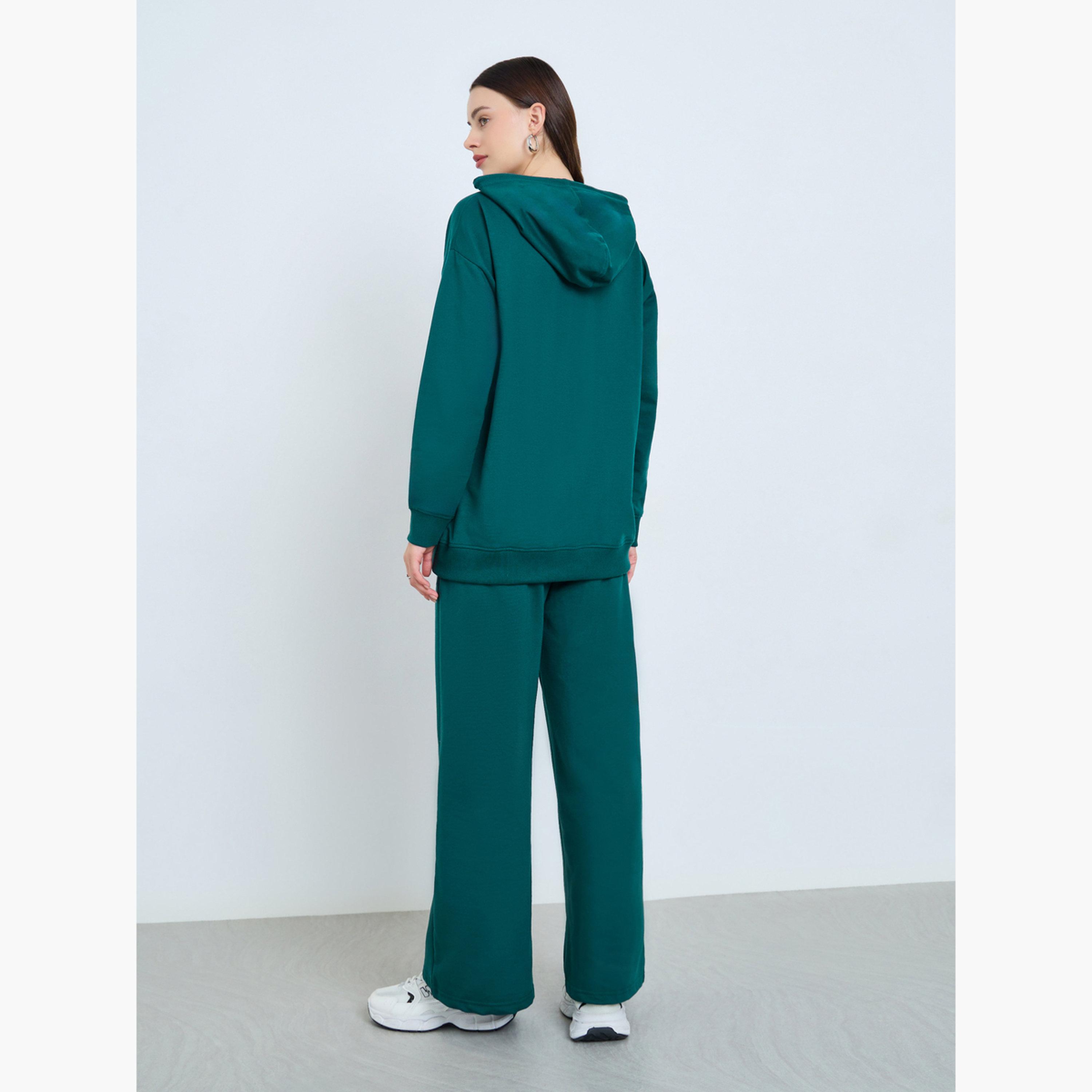 Styli Dark Green Regular Fit Longline Hoodie and Joggers Co-Ords-women-clothing-coordsets-image-5