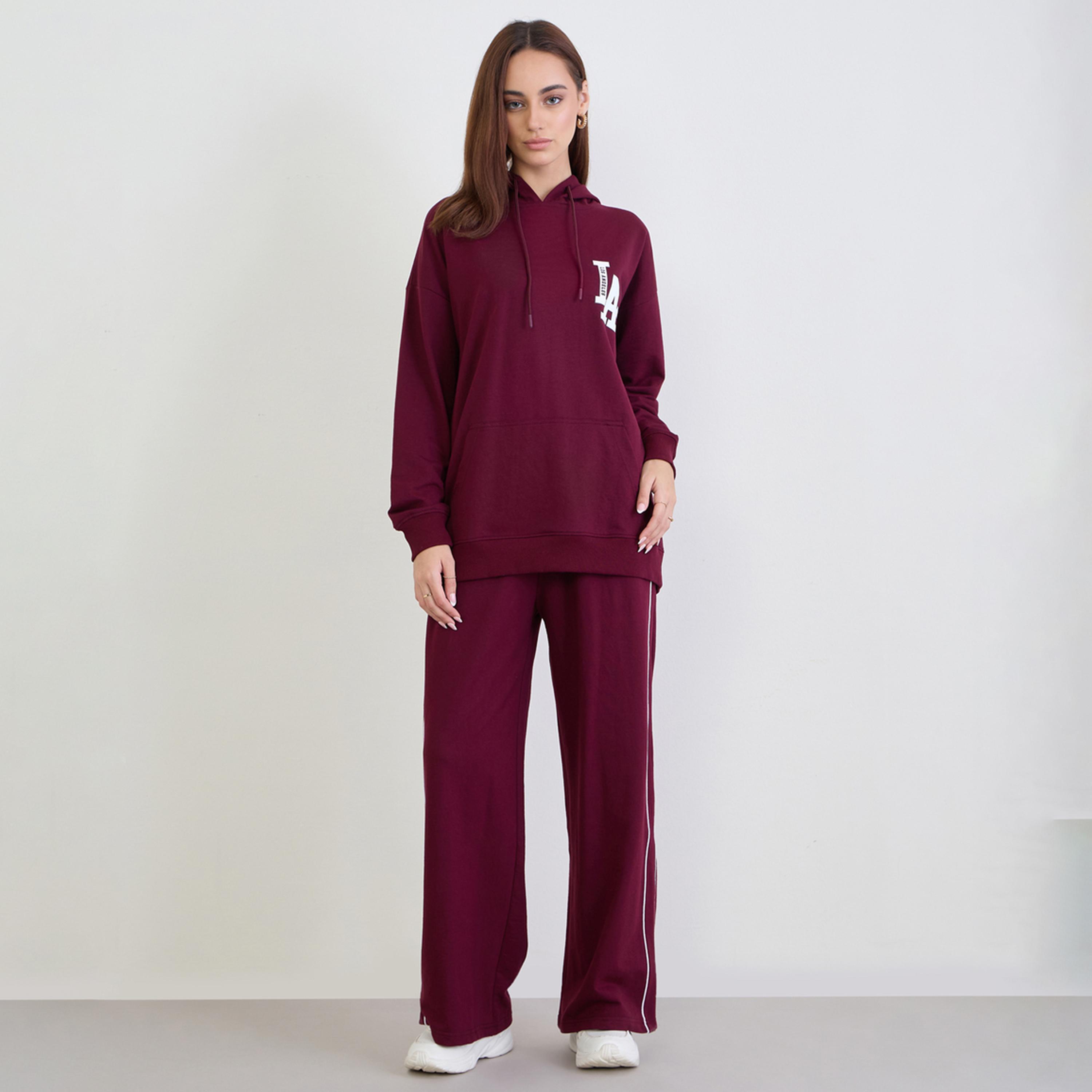 Styli Burgundy Oversized Longline Hoodie and Joggers Co-Ords-women-clothing-coordsets-image-1