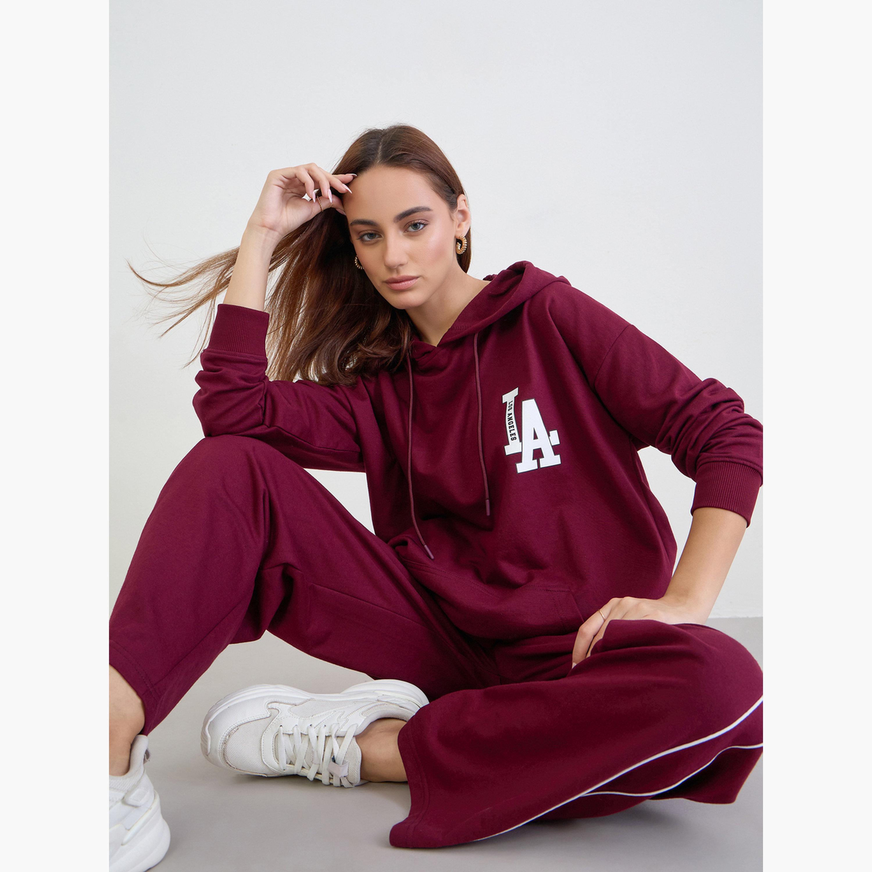 ستايلي - طقم هودي وبنطال رياضي حجم كبير لون برغندي-women-clothing-coordsets-image-2