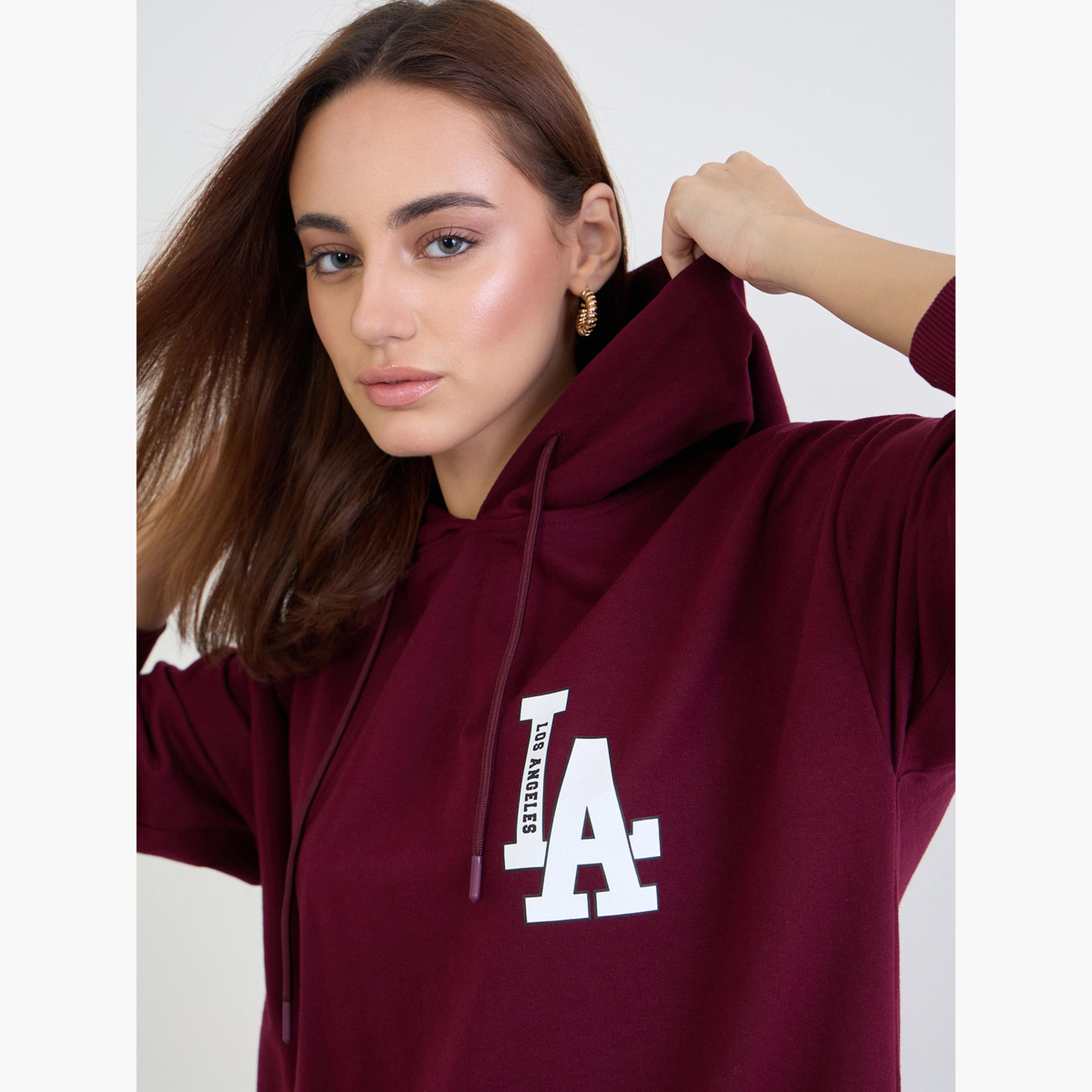 ستايلي - طقم هودي وبنطال رياضي حجم كبير لون برغندي-women-clothing-coordsets-image-3