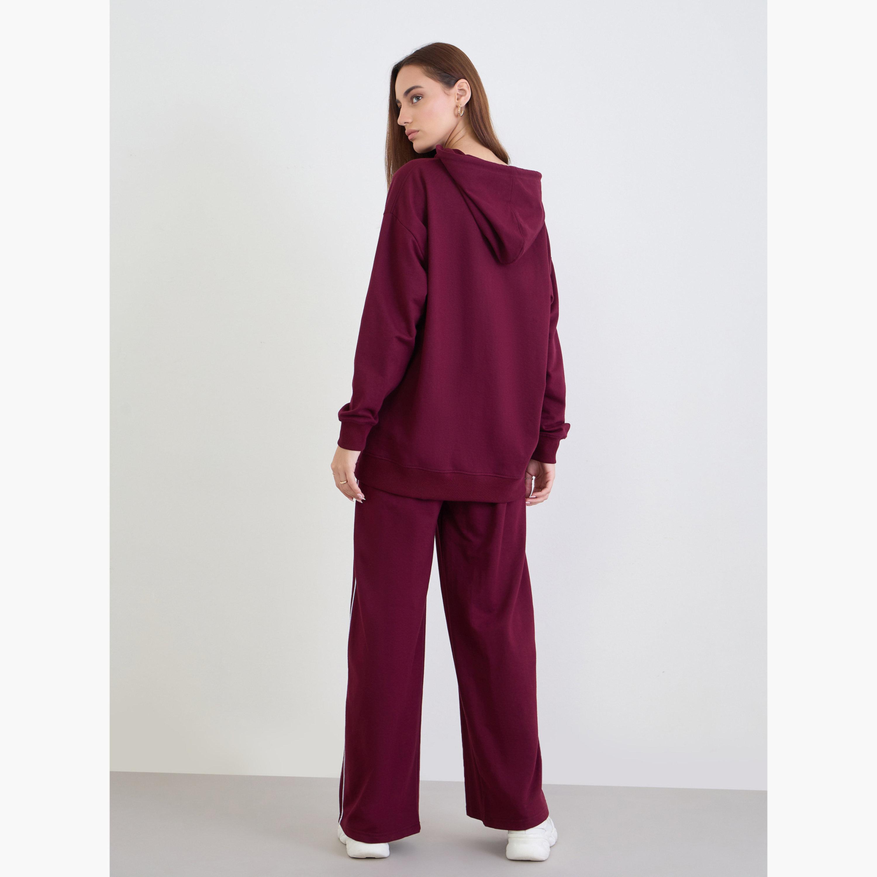 ستايلي - طقم هودي وبنطال رياضي حجم كبير لون برغندي-women-clothing-coordsets-image-4