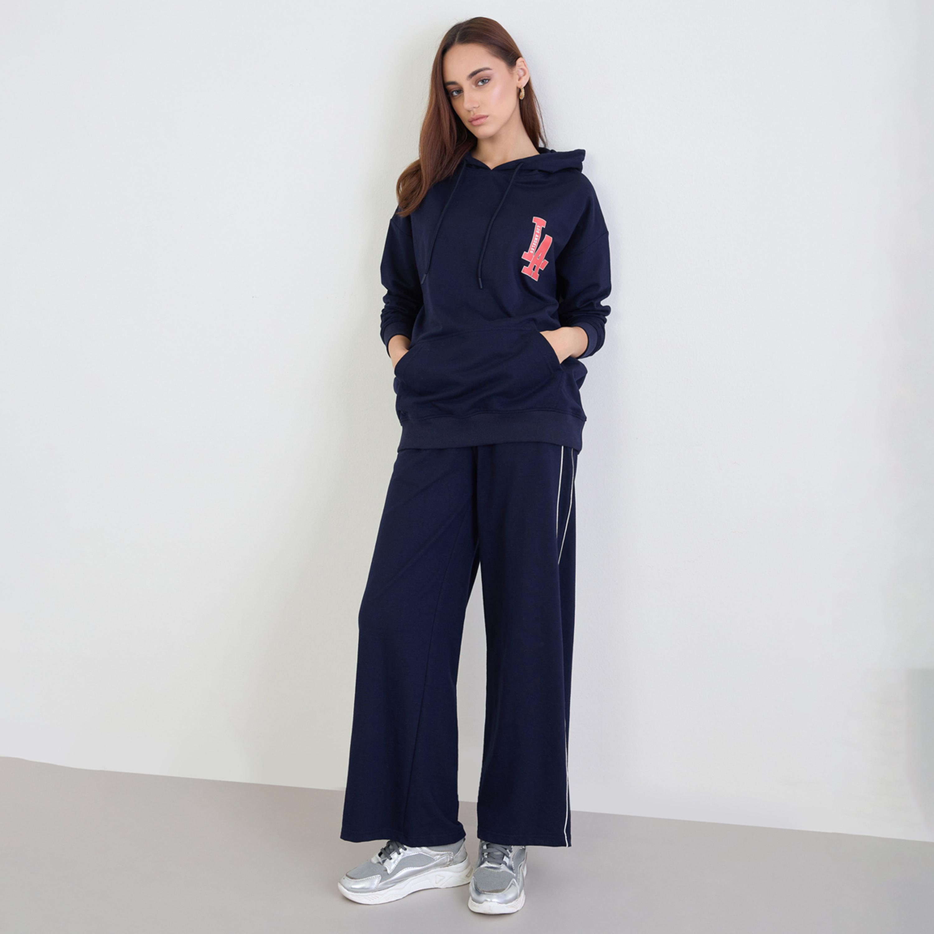 ستايلي - طقم هودي وبنطال رياضي حجم كبير لون أزرق الداكن-women-clothing-coordsets-image-1