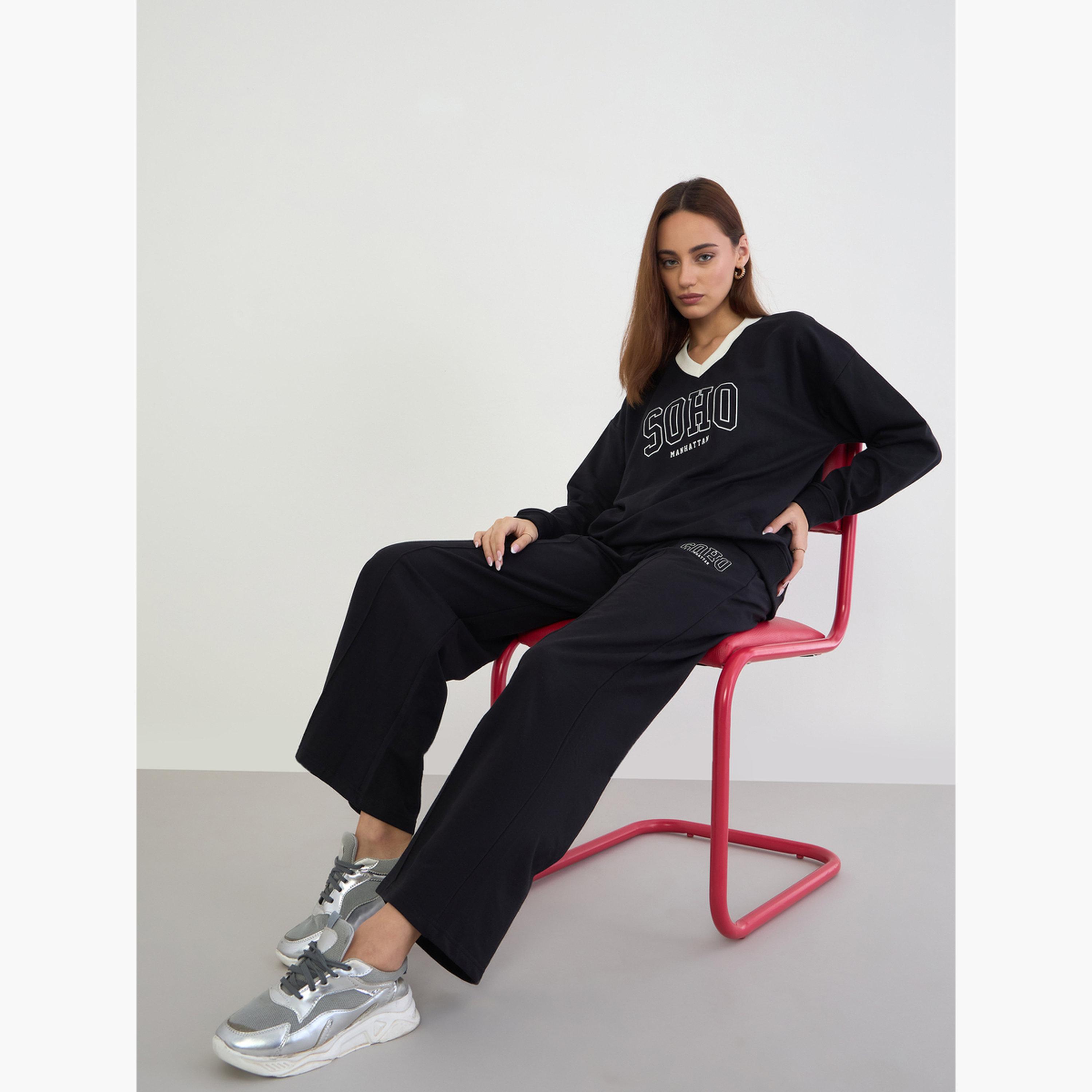 ستايلي - طقم سويت شيرت وبنطال رياضي تصميم واسع بطول عادي للنساء-women-clothing-coordsets-image-2