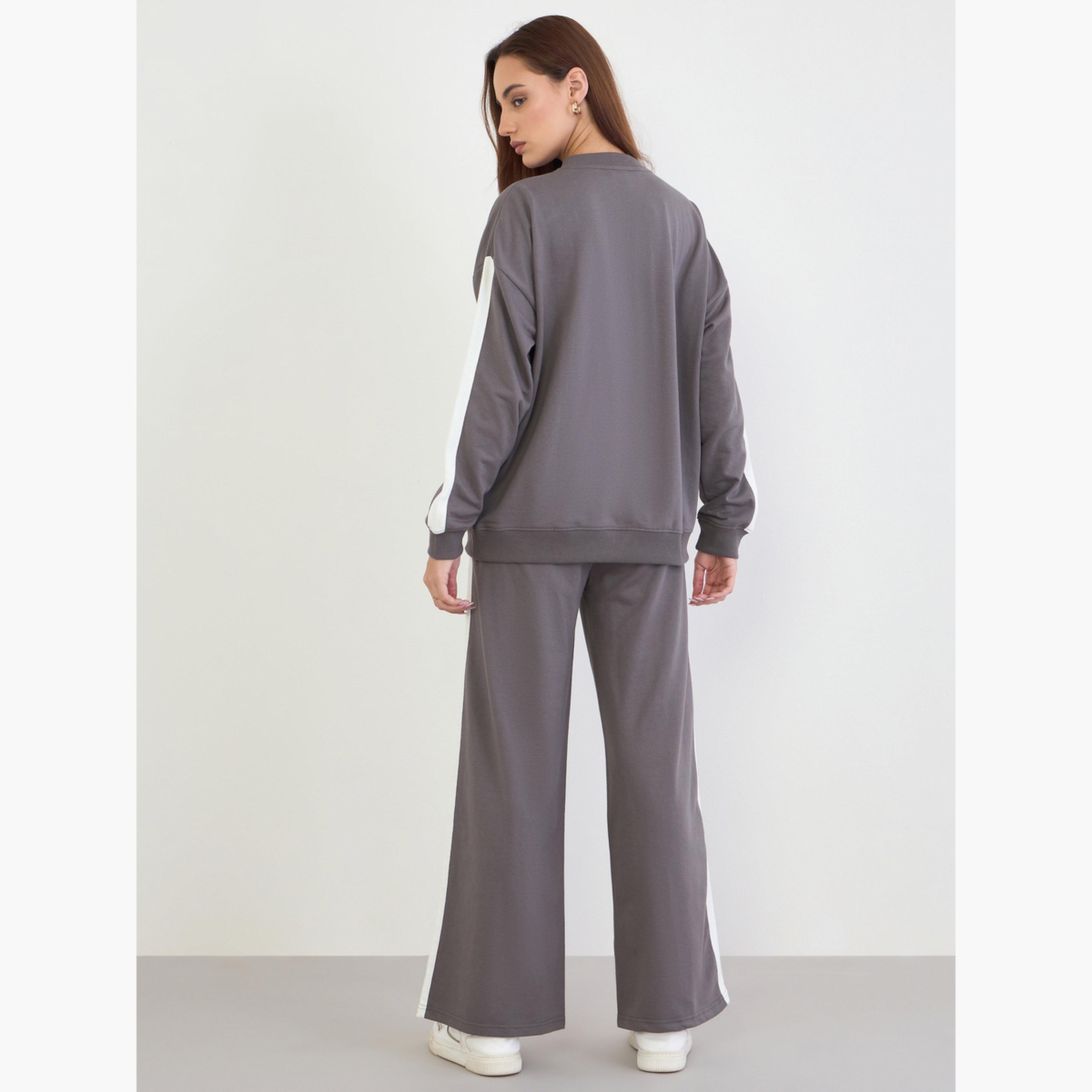ستايلي - طقم سويت شيرت وبنطال رياضي تصميم واسع بطول عادي للنساء-women-clothing-coordsets-image-3