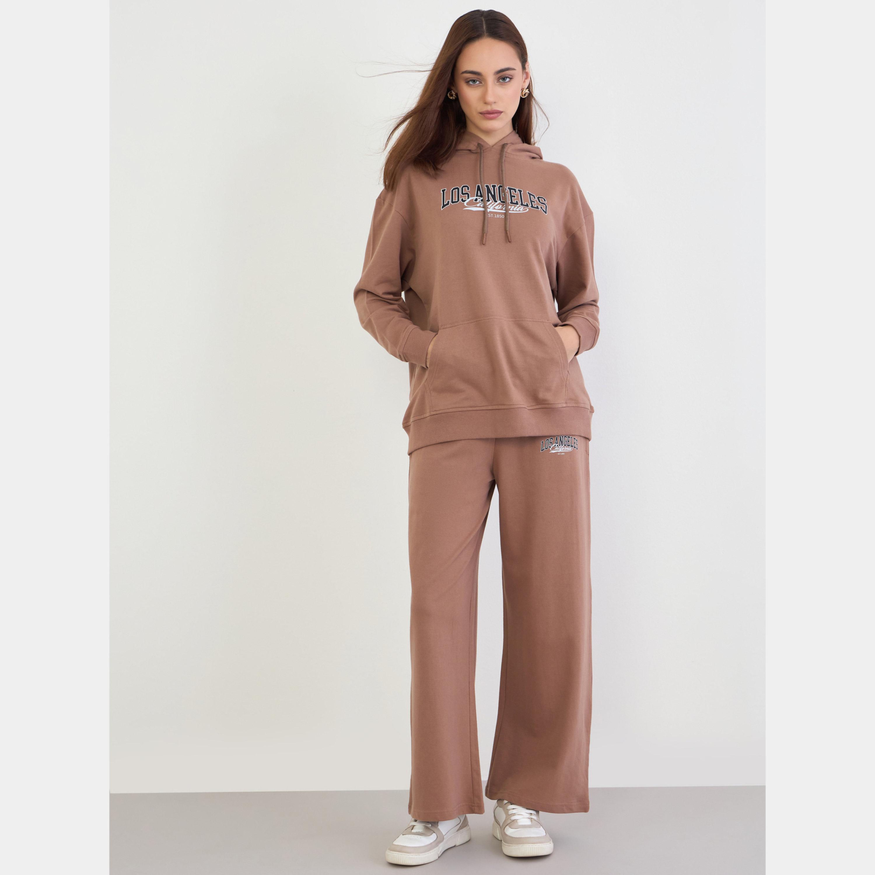 ستايلي - هودي طويل بقصة عادية وبنطال رياضي لون بني-women-clothing-coordsets-image-1
