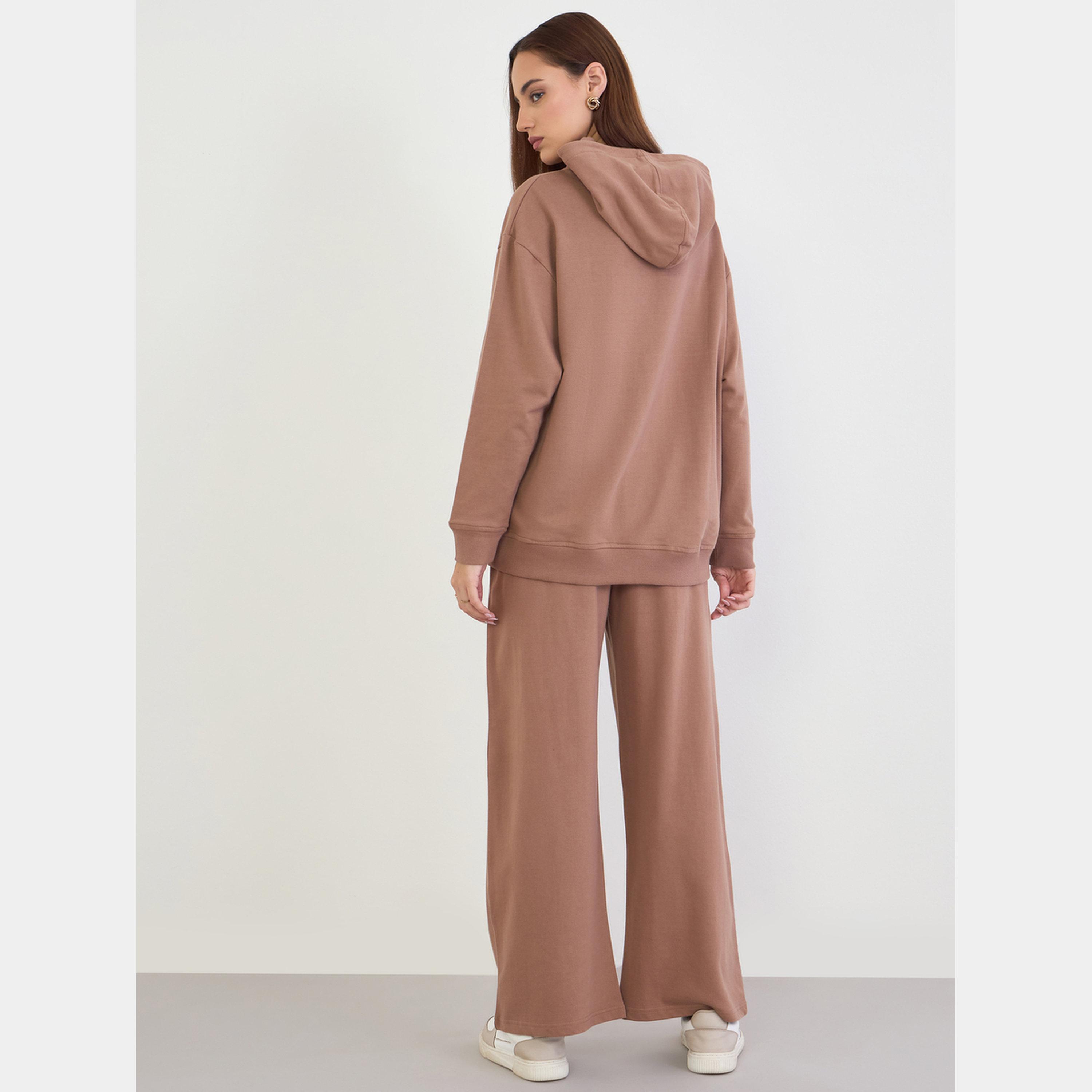 ستايلي - هودي طويل بقصة عادية وبنطال رياضي لون بني-women-clothing-coordsets-image-4
