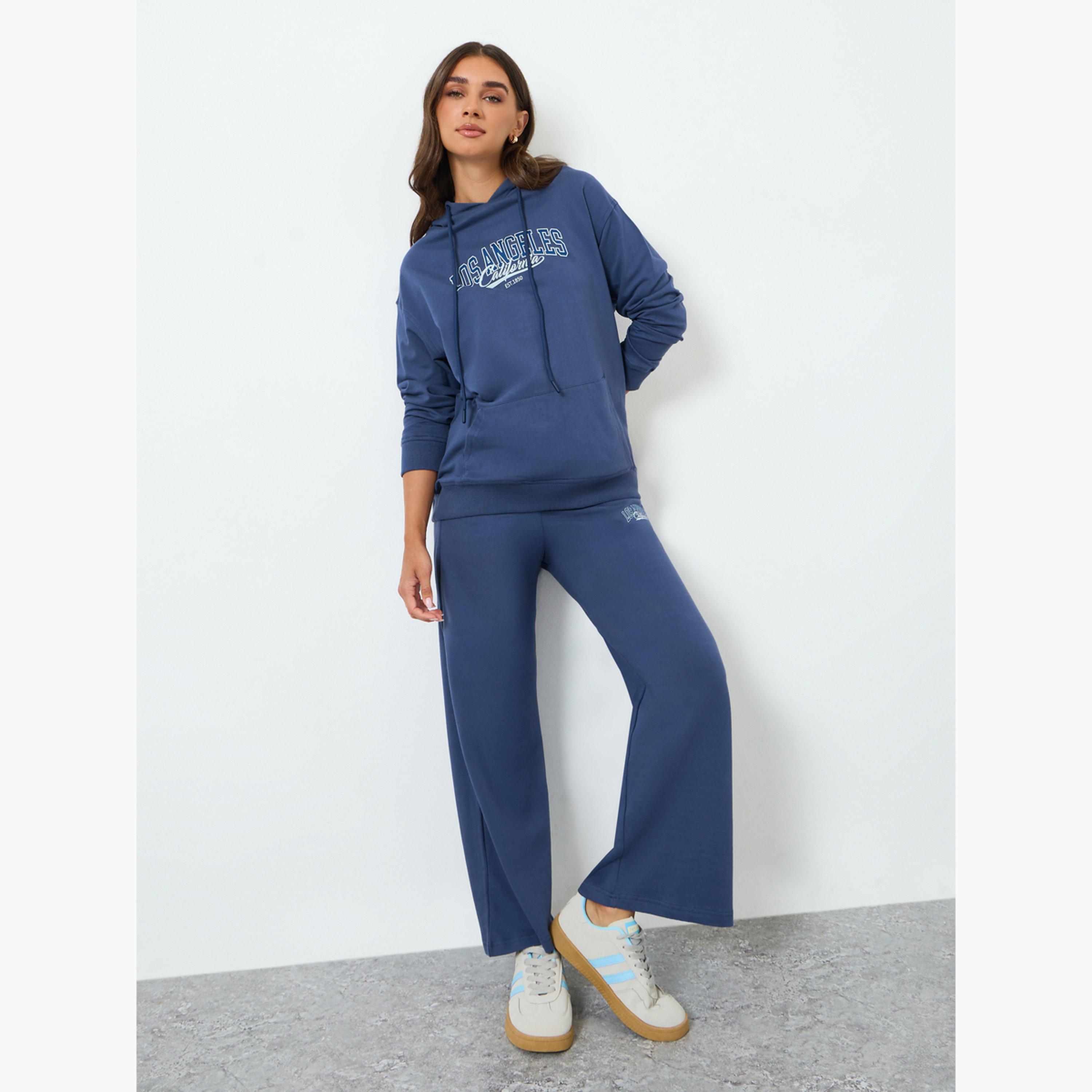 Styli Women Navy Blue Hoodie and Wide Leg Pants Co-Ords-women-clothing-coordsets-image-1
