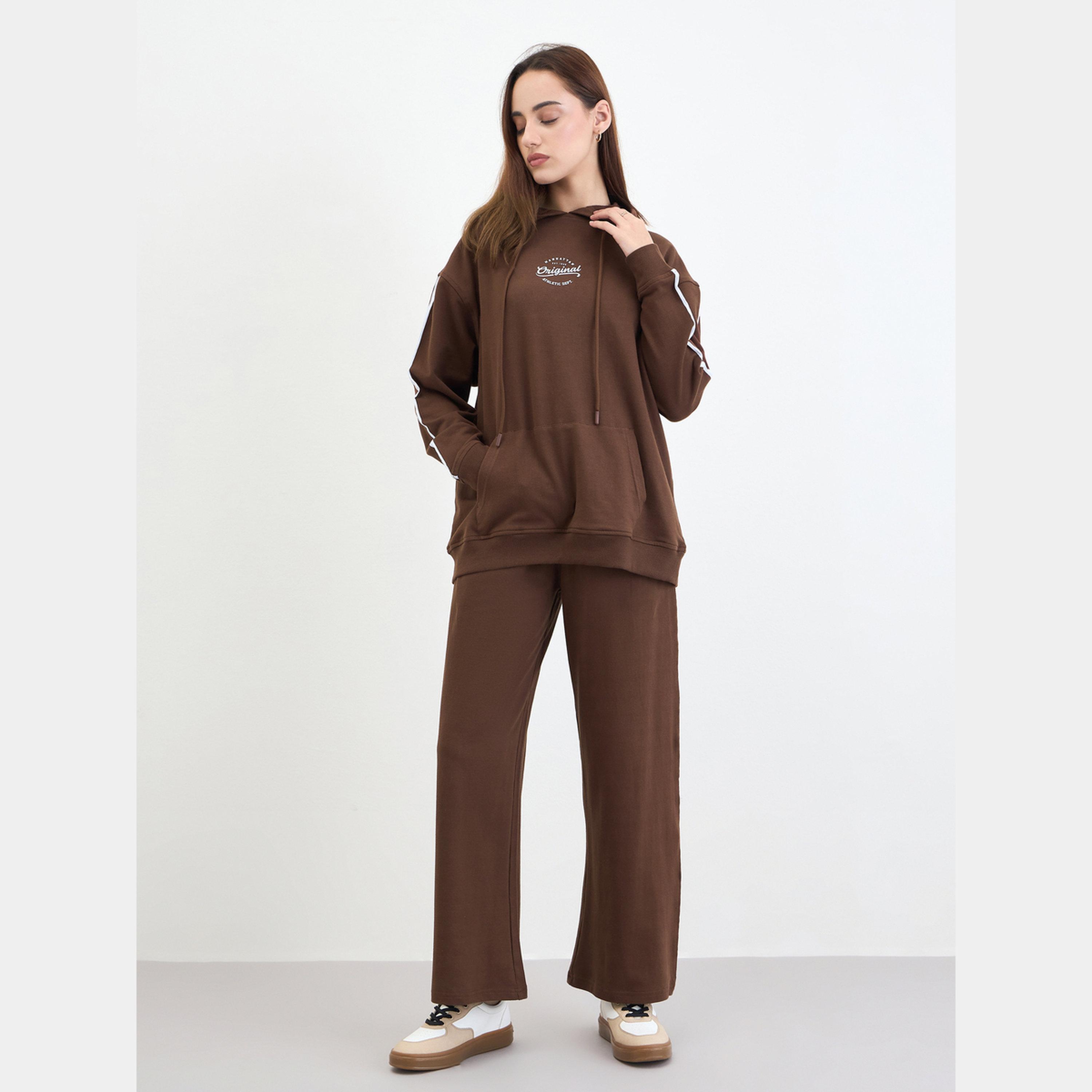 Styli Brown Printed Longline Hoodie and Joggers Co-Ords-women-clothing-coordsets-image-1