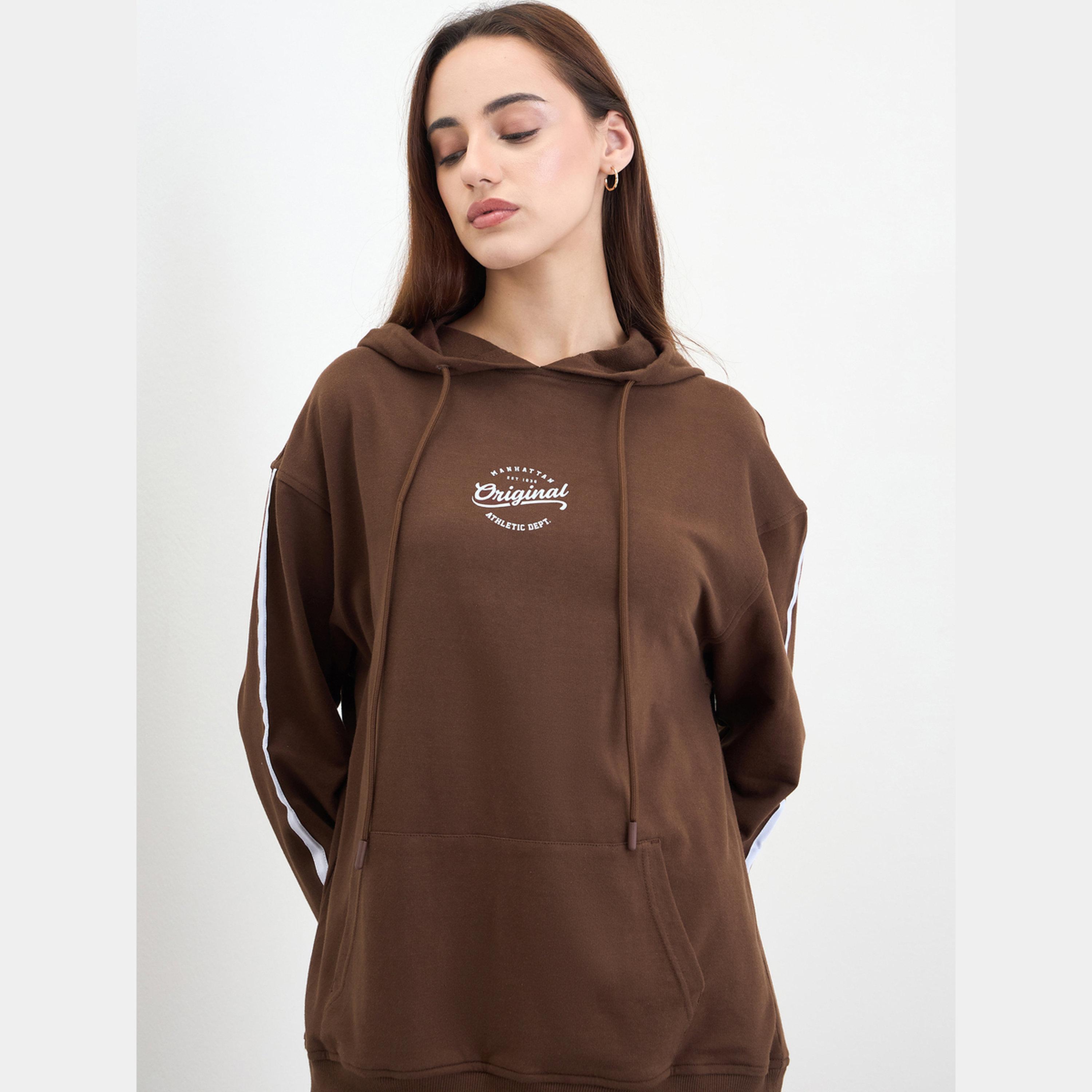 Styli Brown Printed Longline Hoodie and Joggers Co-Ords-women-clothing-coordsets-image-2