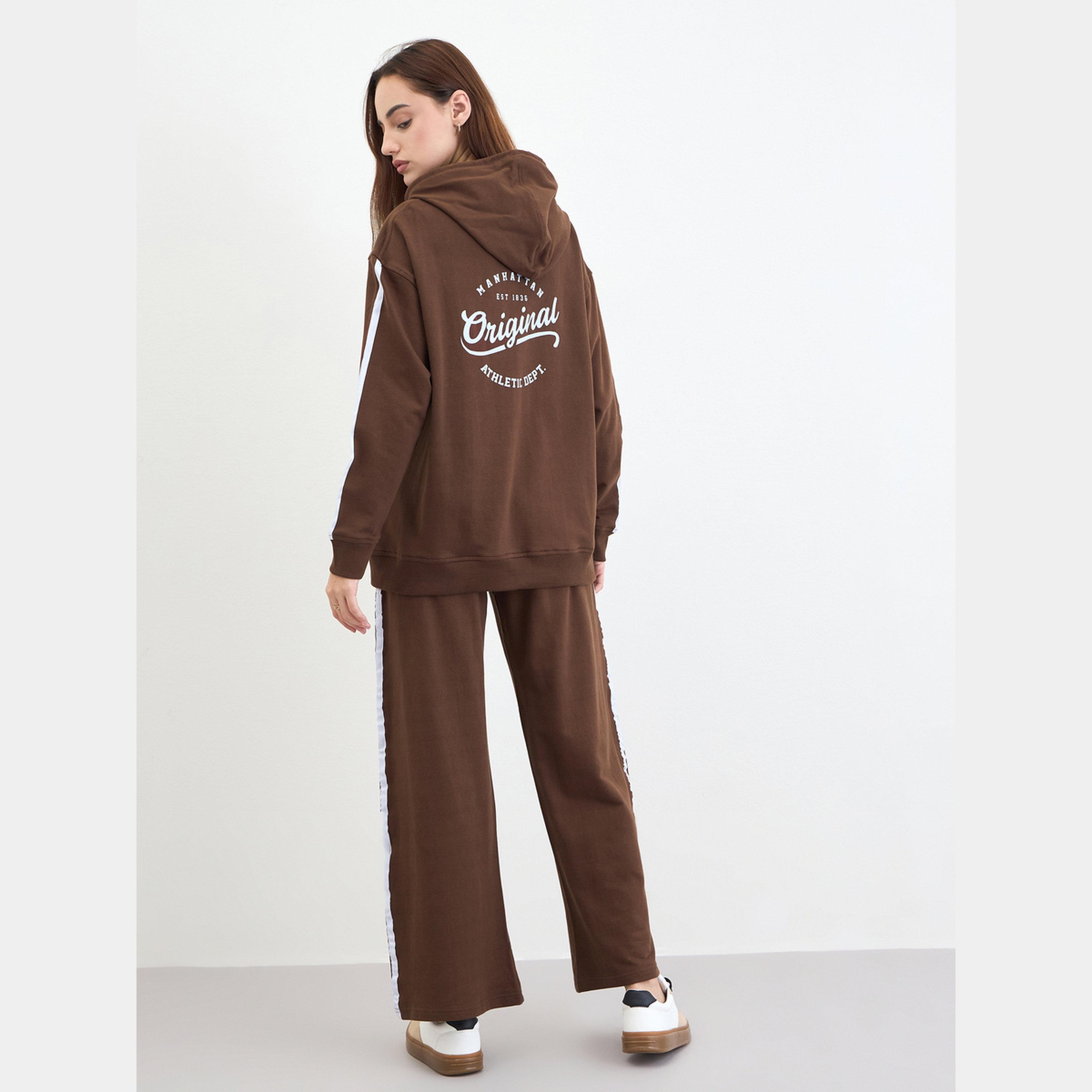 Styli Brown Printed Longline Hoodie and Joggers Co-Ords-women-clothing-coordsets-image-4
