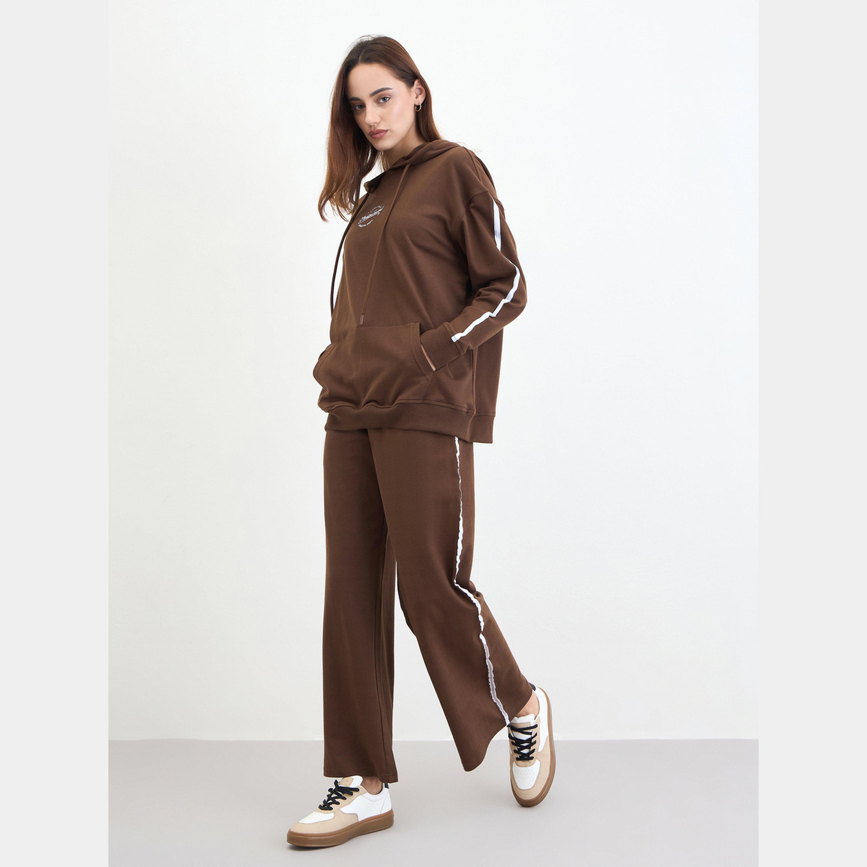 ستايلي - طقم هودي طويل مطبوع لون بني مع بنطال رياضي-women-clothing-coordsets-image-5