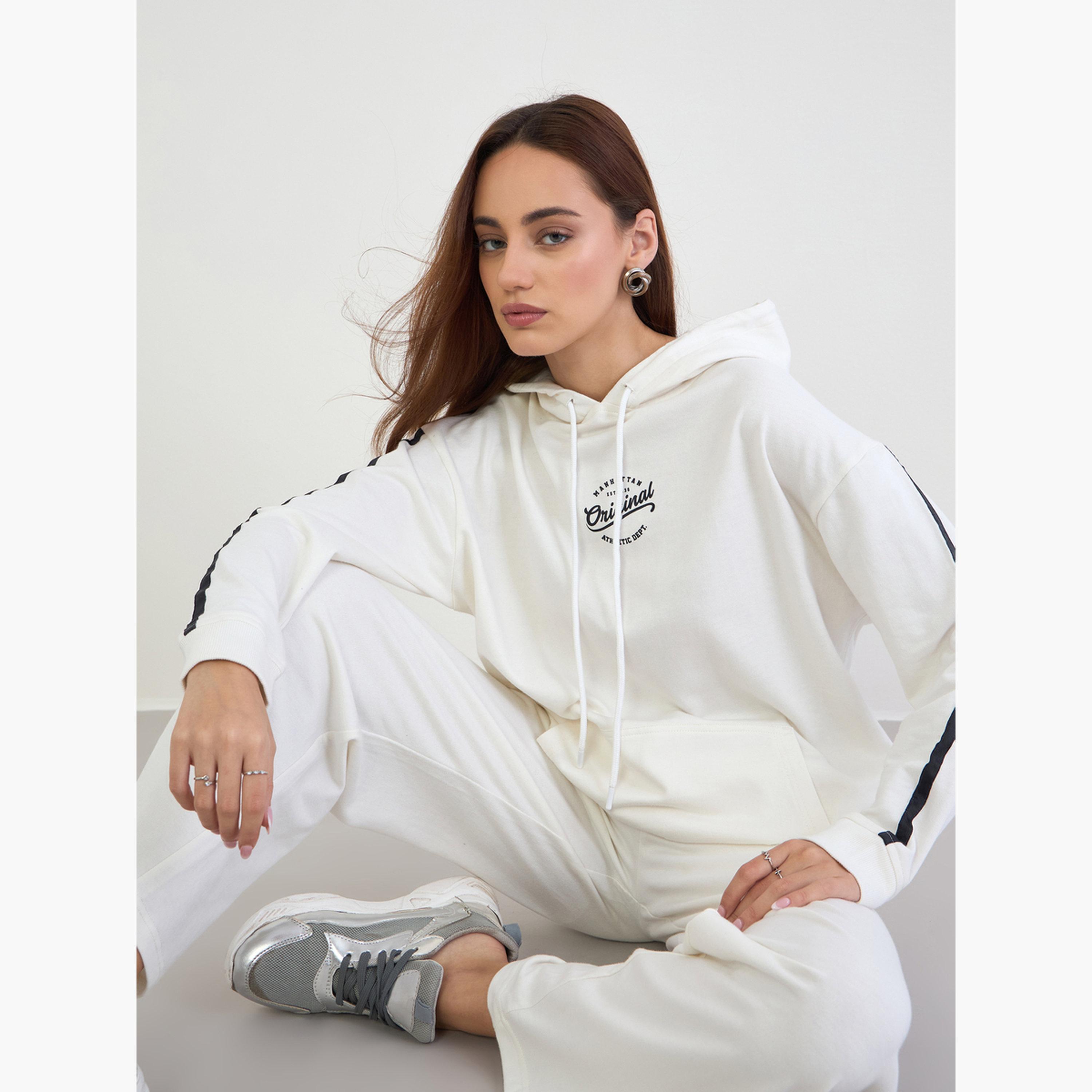 Styli Off White Printed Longline Hoodie and Joggers Co-Ords-women-clothing-coordsets-image-2