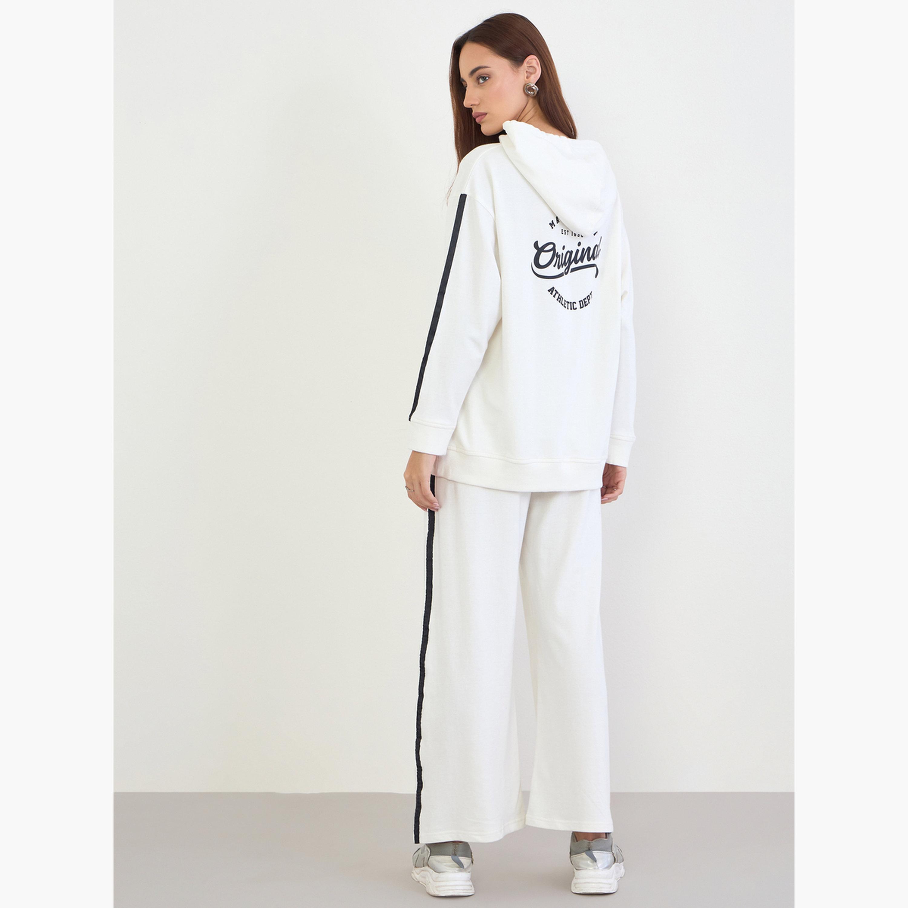 Styli Off White Printed Longline Hoodie and Joggers Co-Ords-women-clothing-coordsets-image-4