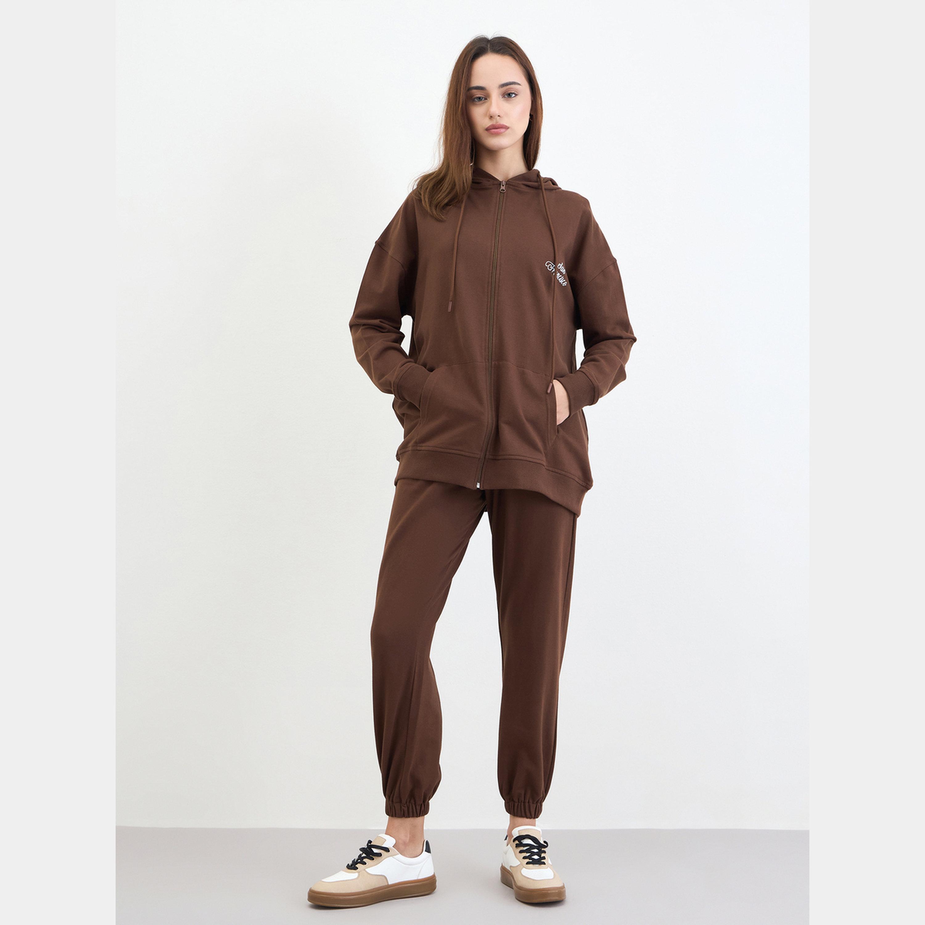 ستايلي - هودي بني مقاس واسع مع بنطال رياضي-women-clothing-coordsets-image-1