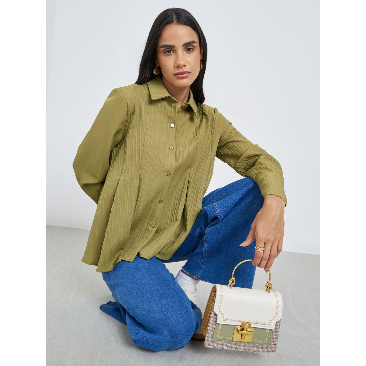 Styli Textured Pleated Spread Collar Shirt-women-clothing-shirtsandblouses-shirts-image-1