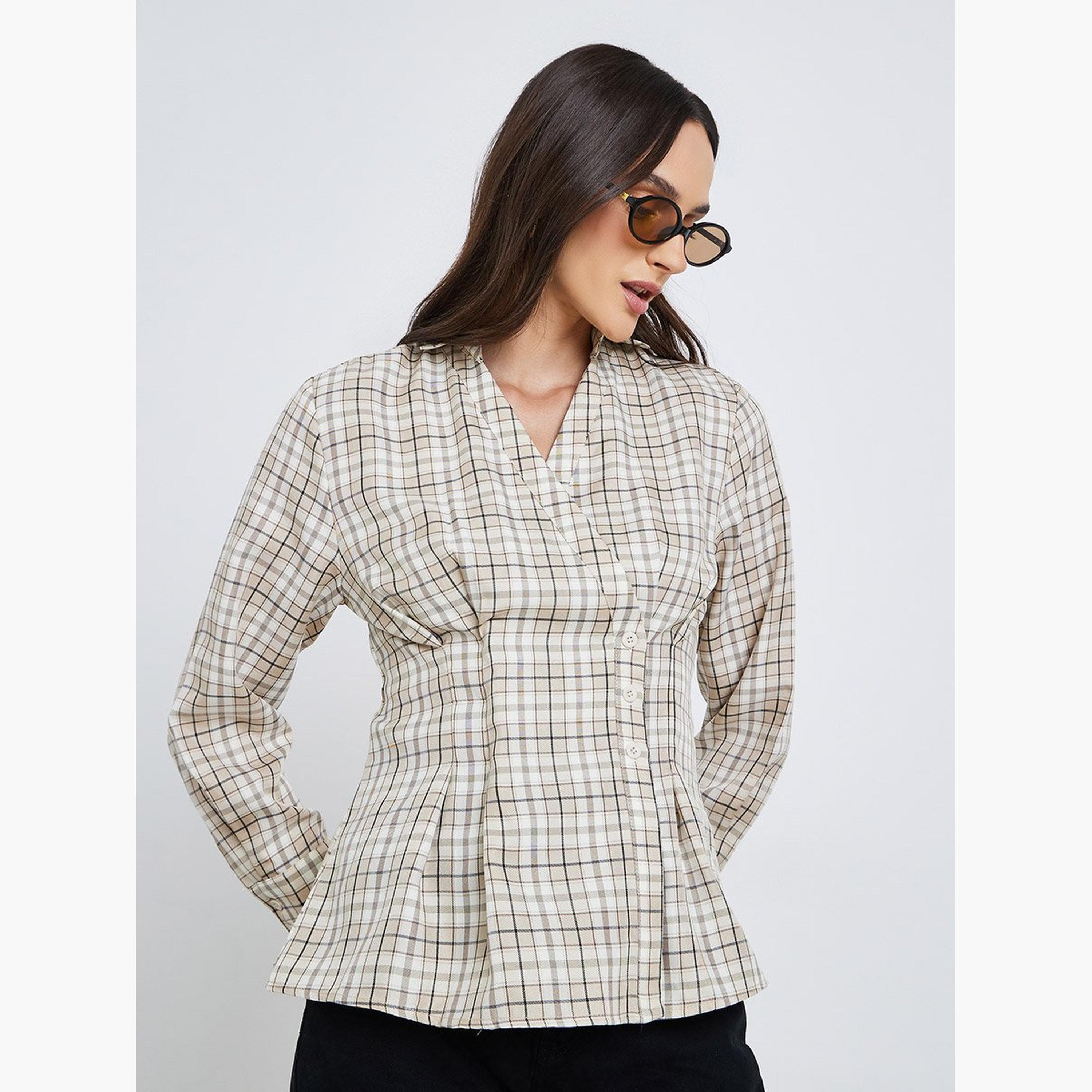 Styli Women Beige Checked Wrap Shirt-women-clothing-shirtsandblouses-shirts-image-1