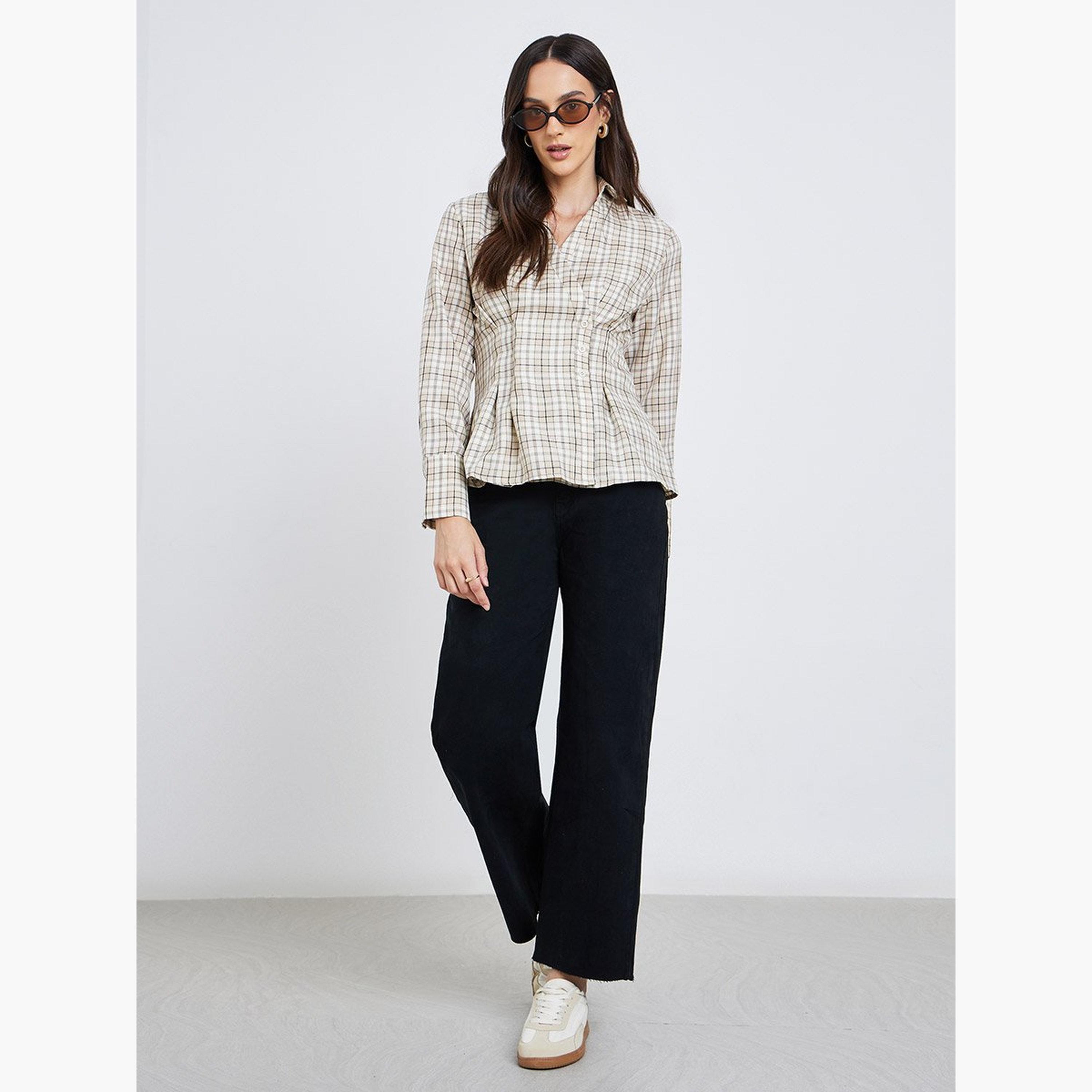 Styli Women Beige Checked Wrap Shirt-women-clothing-shirtsandblouses-shirts-image-2