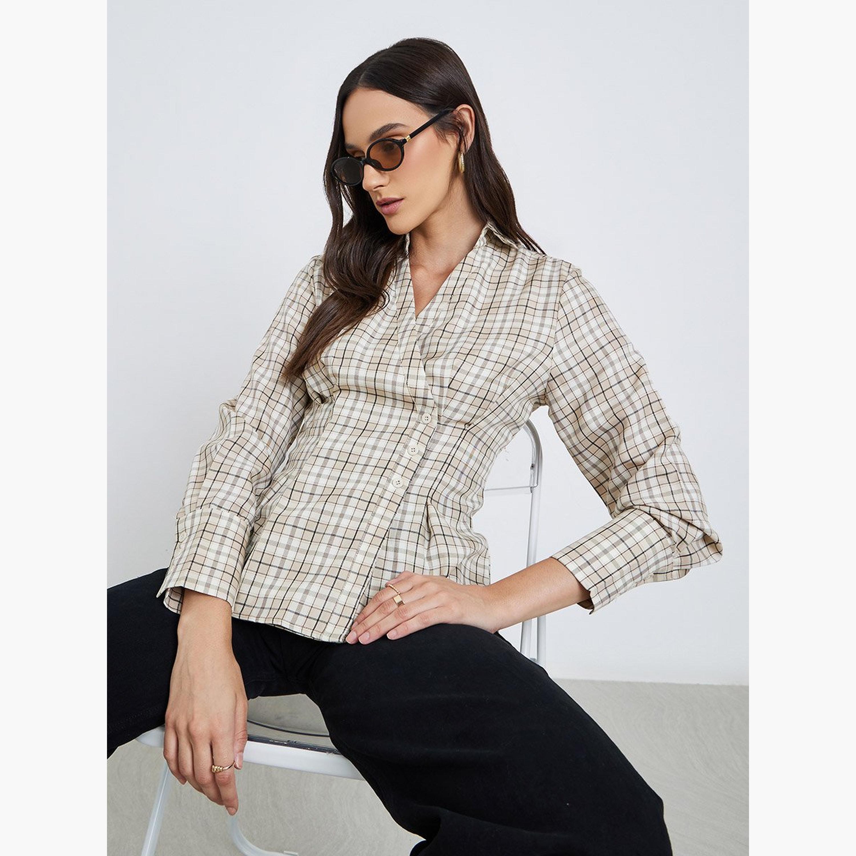 Styli Women Beige Checked Wrap Shirt-women-clothing-shirtsandblouses-shirts-image-3