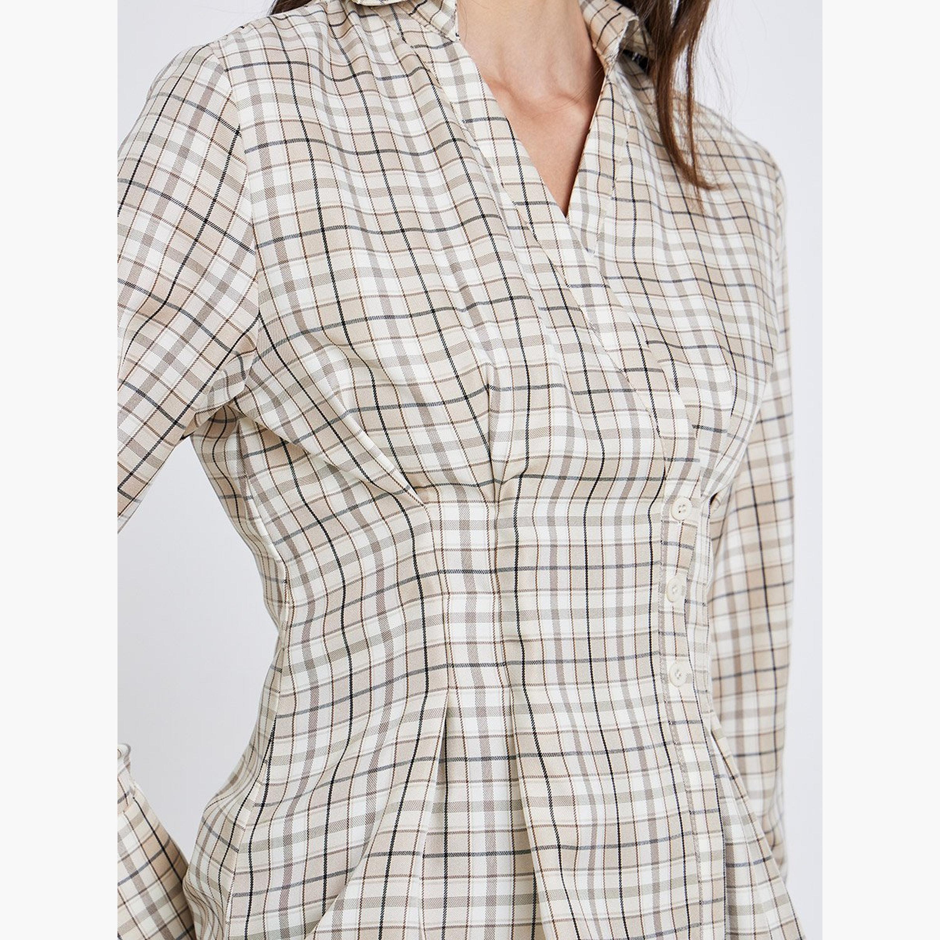 Styli Women Beige Checked Wrap Shirt-women-clothing-shirtsandblouses-shirts-image-4