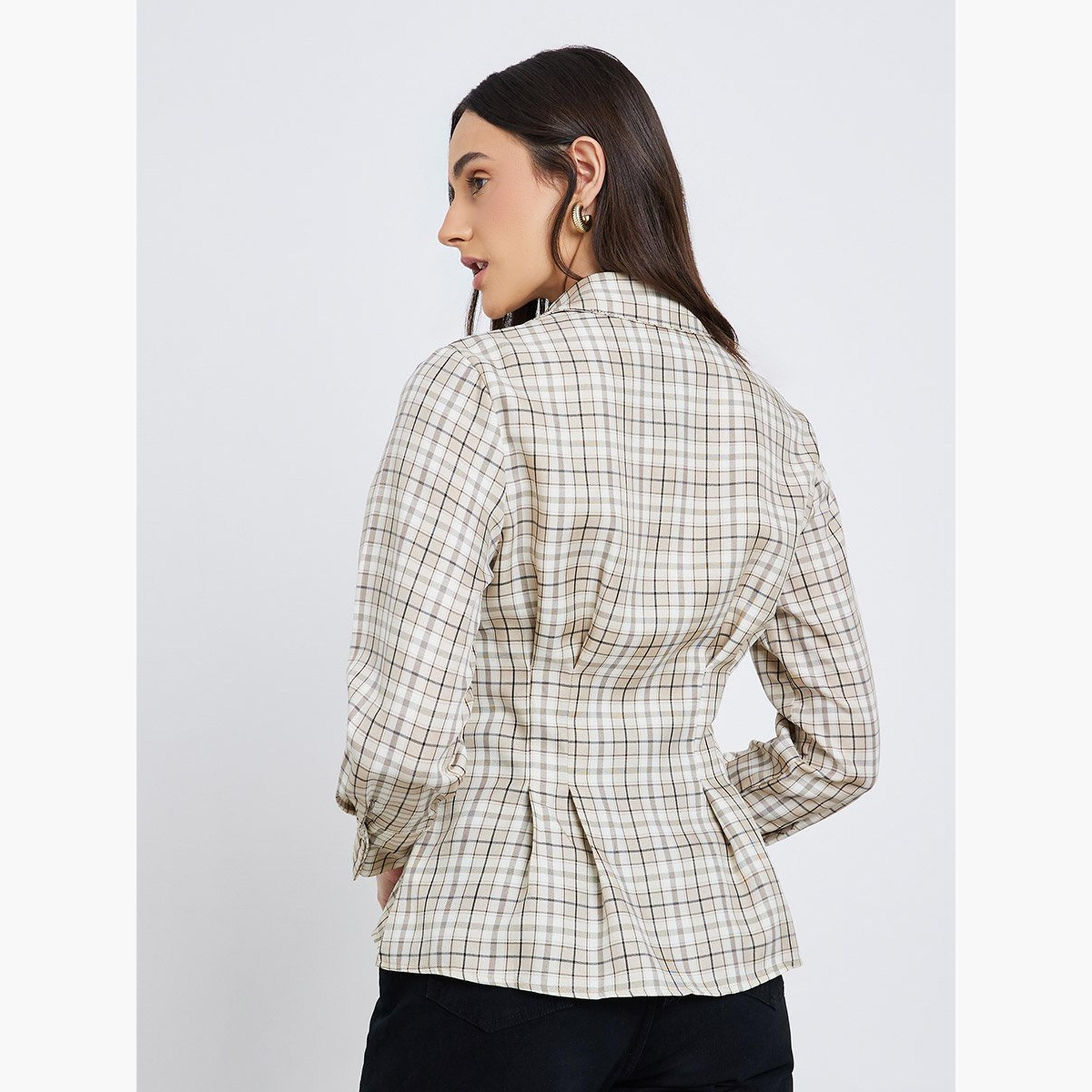 Styli Women Beige Checked Wrap Shirt-women-clothing-shirtsandblouses-shirts-image-5