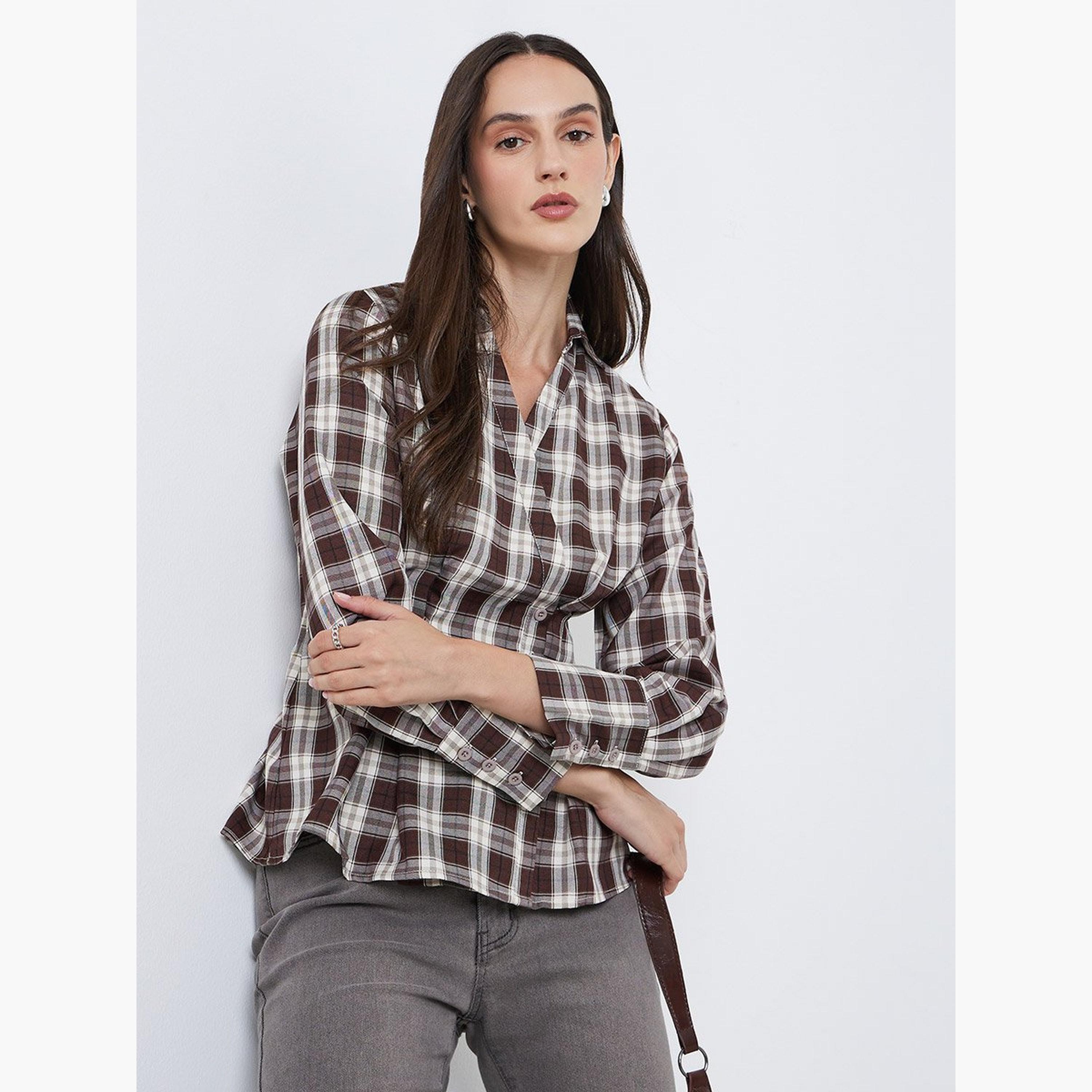 Styli Women Brown Checked Wrap Shirt-women-clothing-shirtsandblouses-shirts-image-1