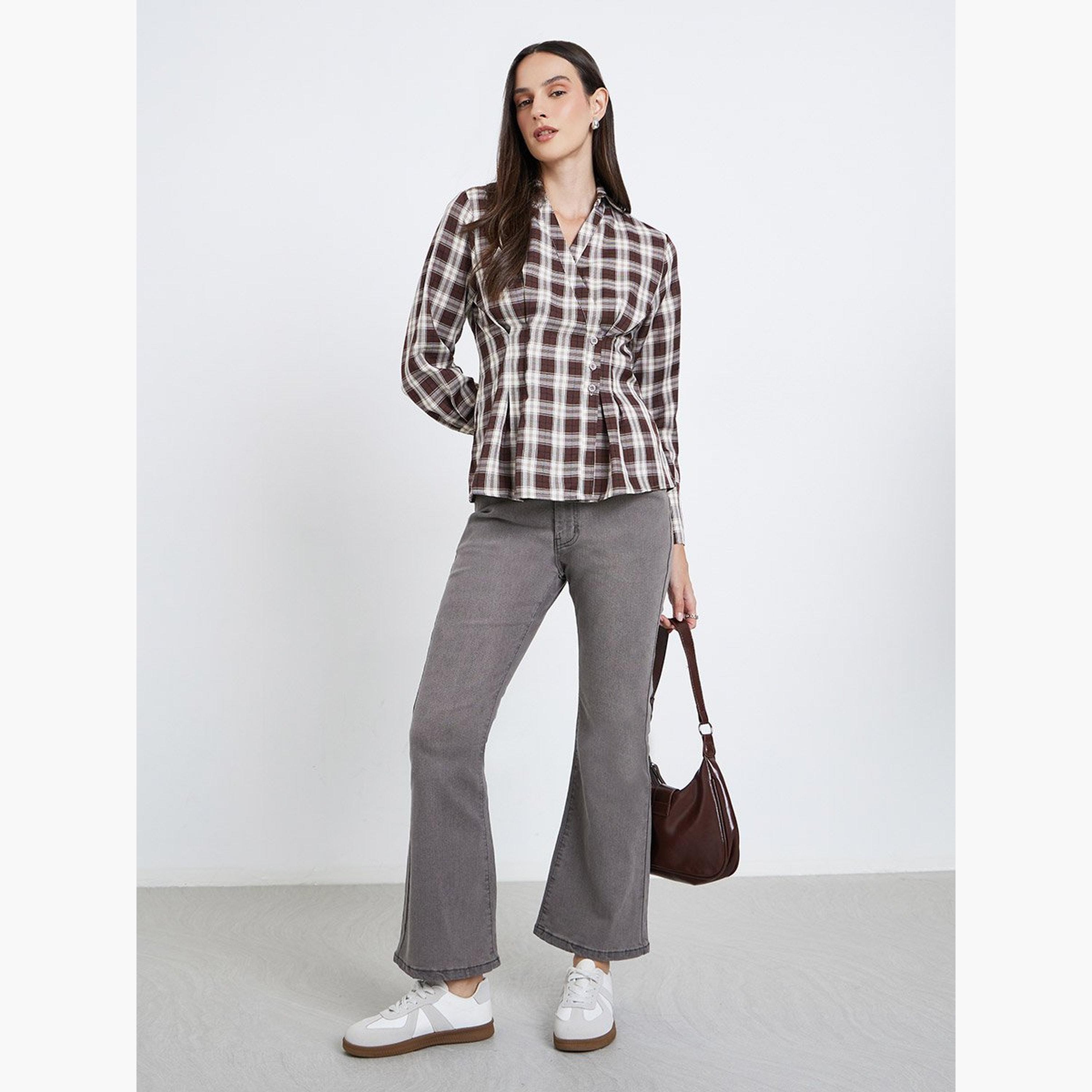 Styli Women Brown Checked Wrap Shirt-women-clothing-shirtsandblouses-shirts-image-2
