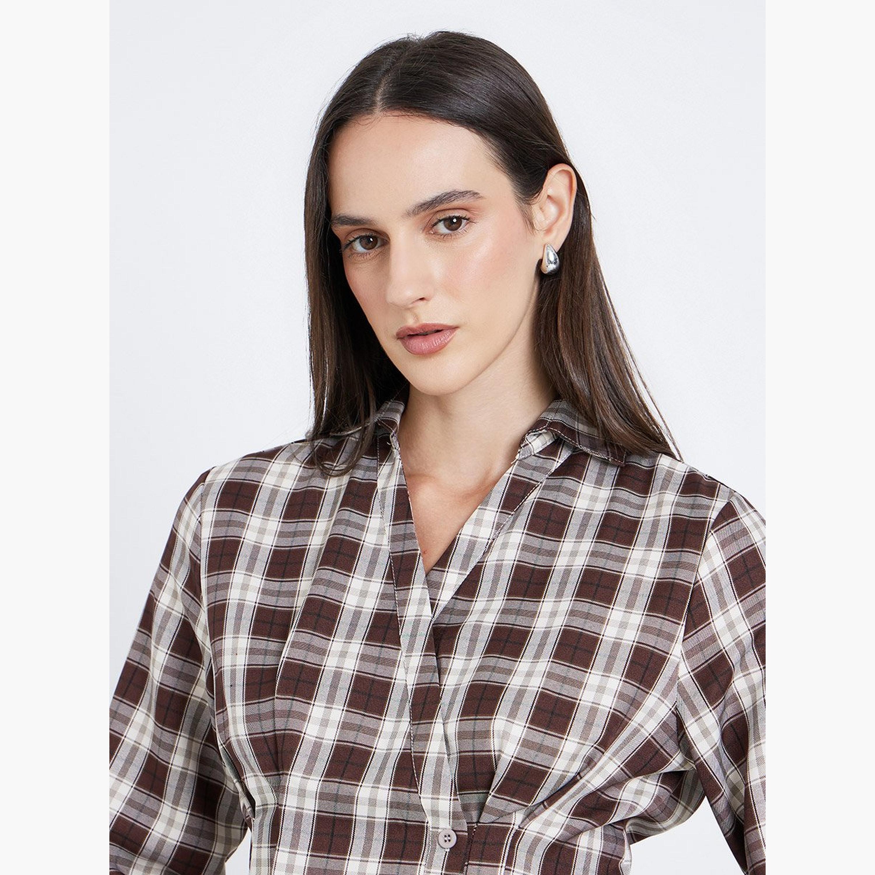 Styli Women Brown Checked Wrap Shirt-women-clothing-shirtsandblouses-shirts-image-3