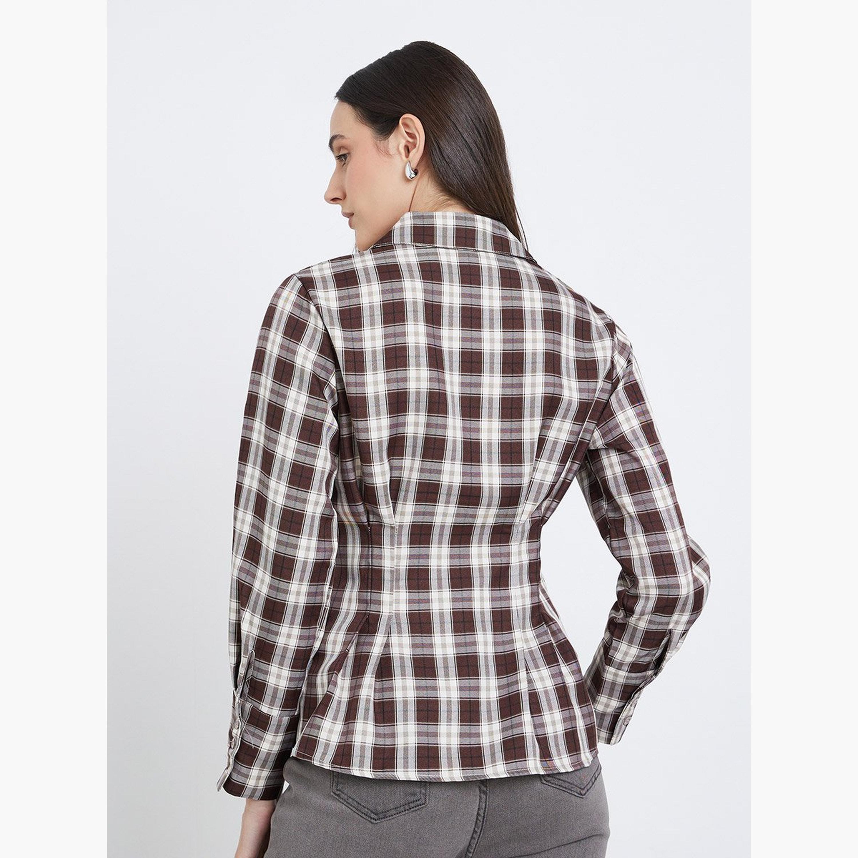 ستايلي - قميص للنساء بني منقوش ملفوف-women-clothing-shirtsandblouses-shirts-image-4