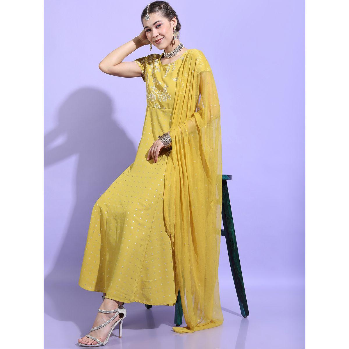 فستان طويل بأكمام قصيرة مع دوباتا-women-clothing-ethnicwear-dresses-image-1