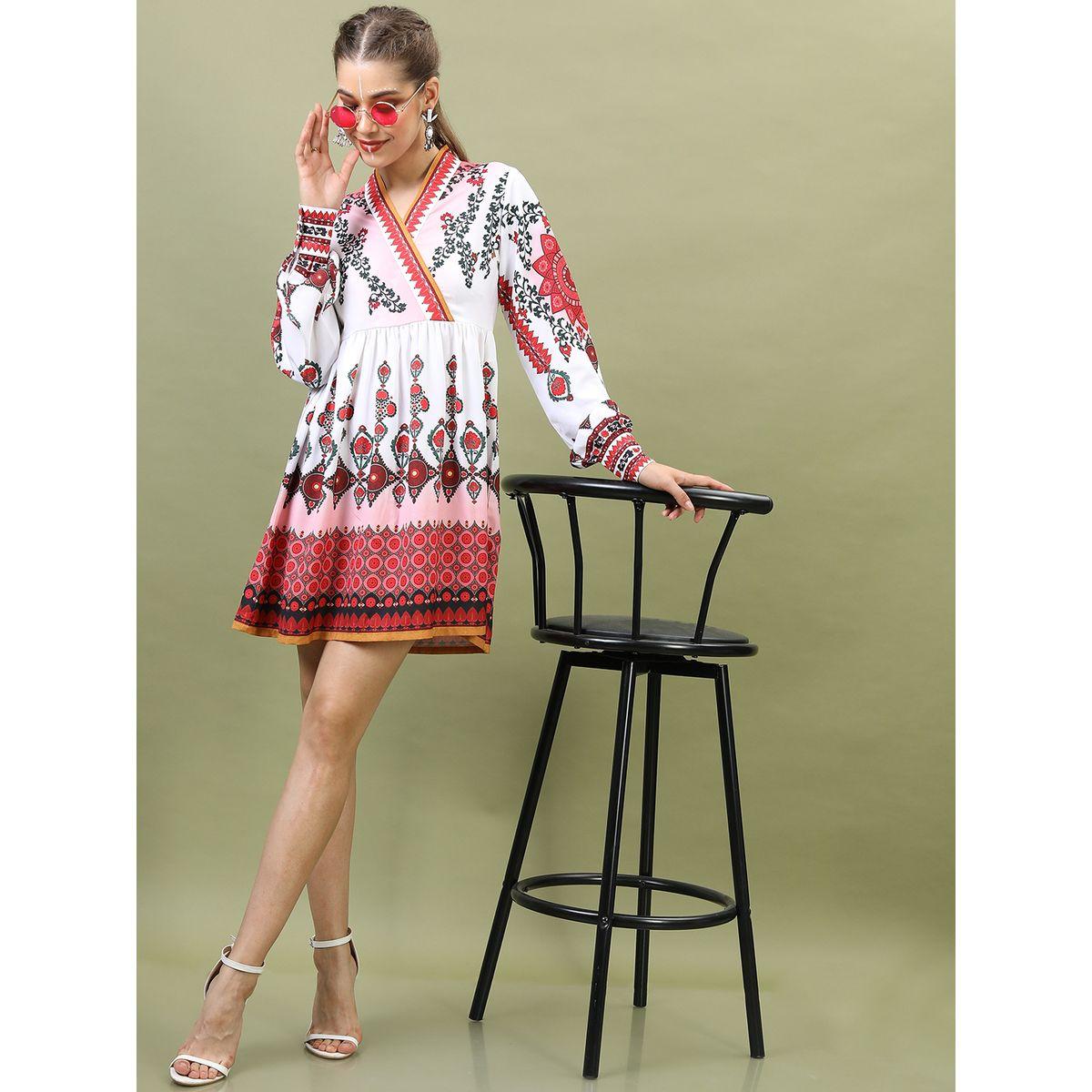 فستان قصير مطبع مع حافة واسعة-women-clothing-ethnicwear-dresses-image-2