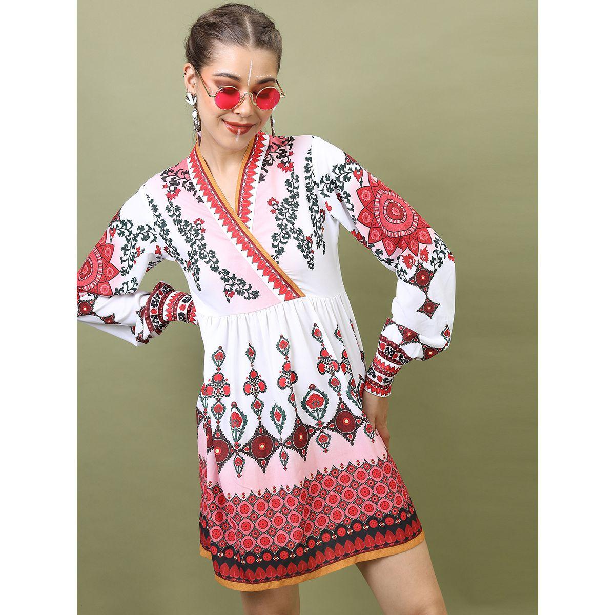 فستان قصير مطبع مع حافة واسعة-women-clothing-ethnicwear-dresses-image-5