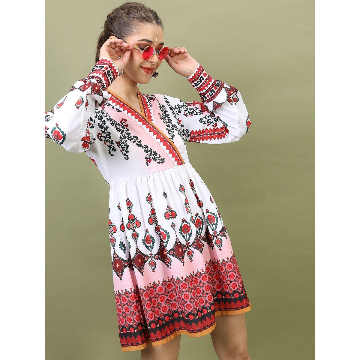 فستان قصير مطبع مع حافة واسعة-women-clothing-ethnicwear-dresses-image-6