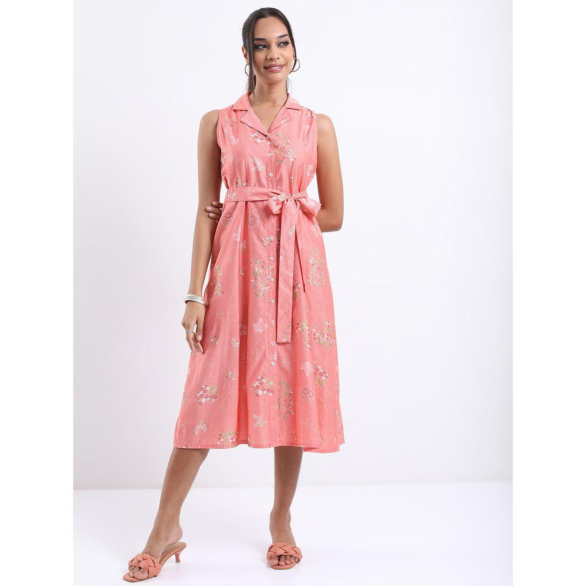 Vishudh Floral Printed Tie Up Detail A-Line Midi Dress-women-clothing-ethnicwear-dresses-image-2