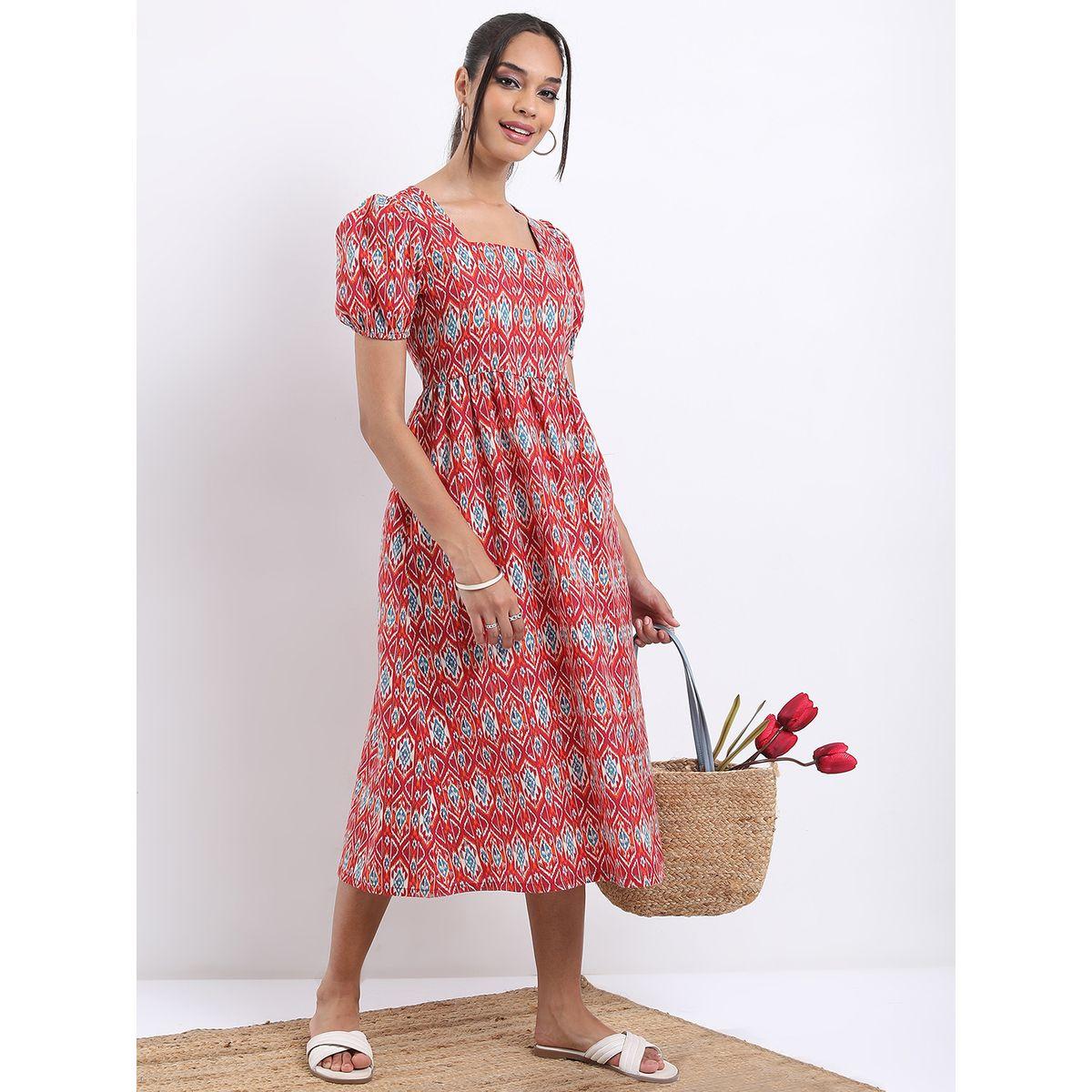 فستان ميدي بطبعة موتيفس وياقة واسعة-women-clothing-ethnicwear-dresses-image-2