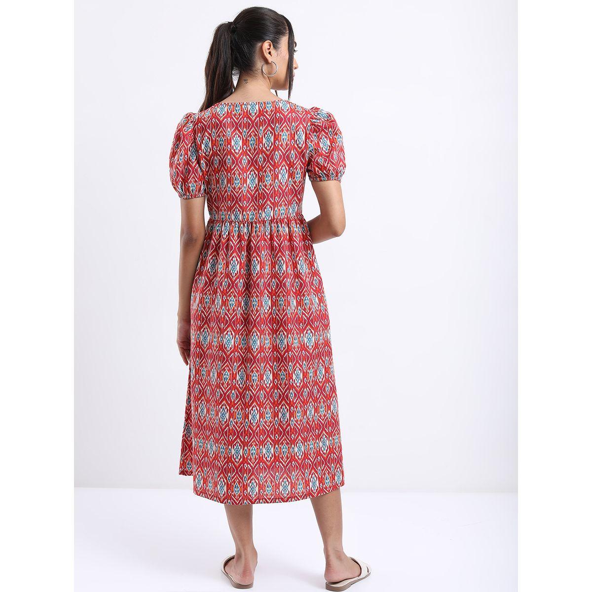 Vishudh Ethnic Motifs Printed Square Neck A-Line Midi Dress-women-clothing-ethnicwear-dresses-image-3