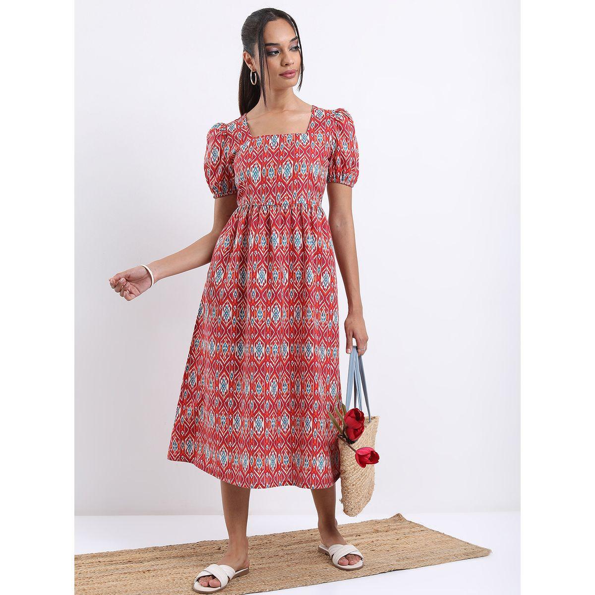 Vishudh Ethnic Motifs Printed Square Neck A-Line Midi Dress-women-clothing-ethnicwear-dresses-image-5